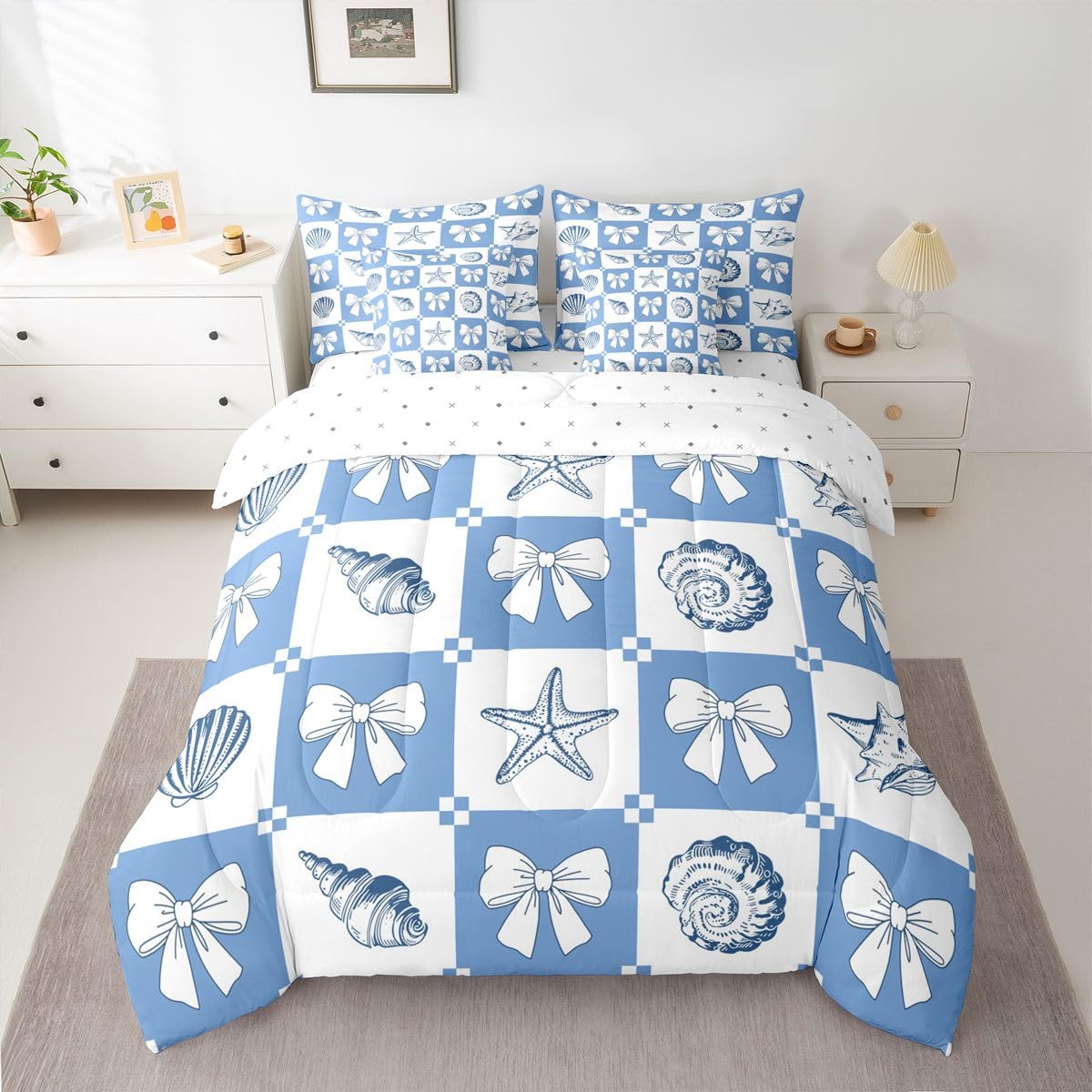 Feelyou Starfish Beach King Comforter Set with Sheets for Kids Boys Girls Ocean Marine 7 Pieces Bedding Set Bow Knot Print Bed in a Bag Shell Room Decor Coastal Beach Ocean Soft Lightweight Microfiber
