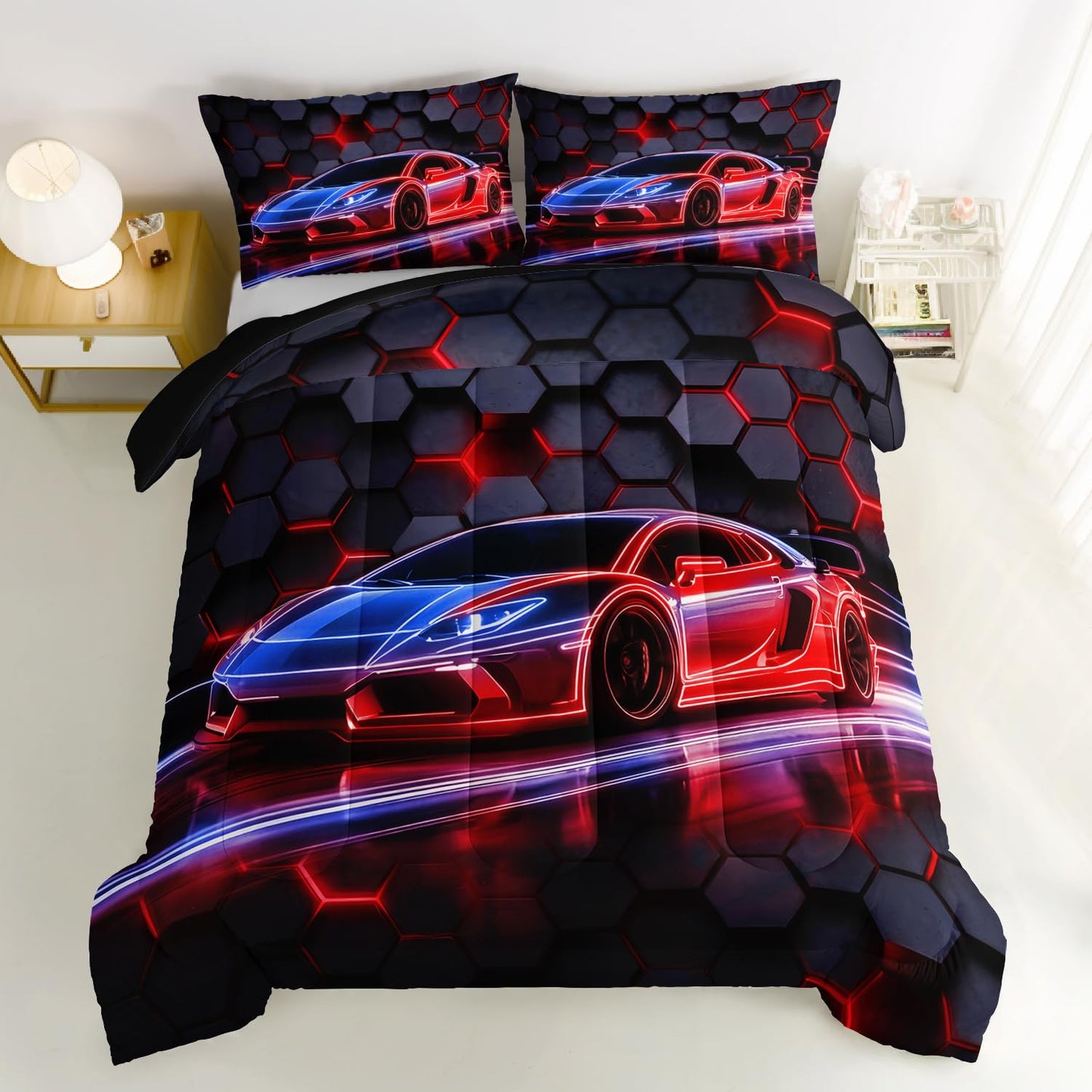 HOSIMA Boys Race Car Queen Bedding Sets,Honeycomb Geometric Background Pattern Cool Extreme Sports Bedding for Kids Men Car Themed Room Decor,Gaming Comforter with 2 Pillowcases.