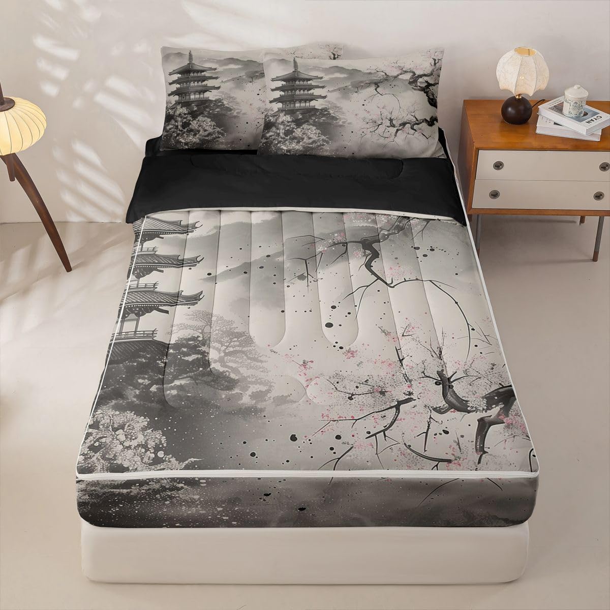 Erosebridal Grey Japanese Kids Comforter Set Full Ink Painting Style Cherry Blossom Zipper Bedding Sets for Boys Girls Teen Mountain Pavilions 3 Pcs Bed in a Bag Set Vintage Aesthetic Zip Up Bedding