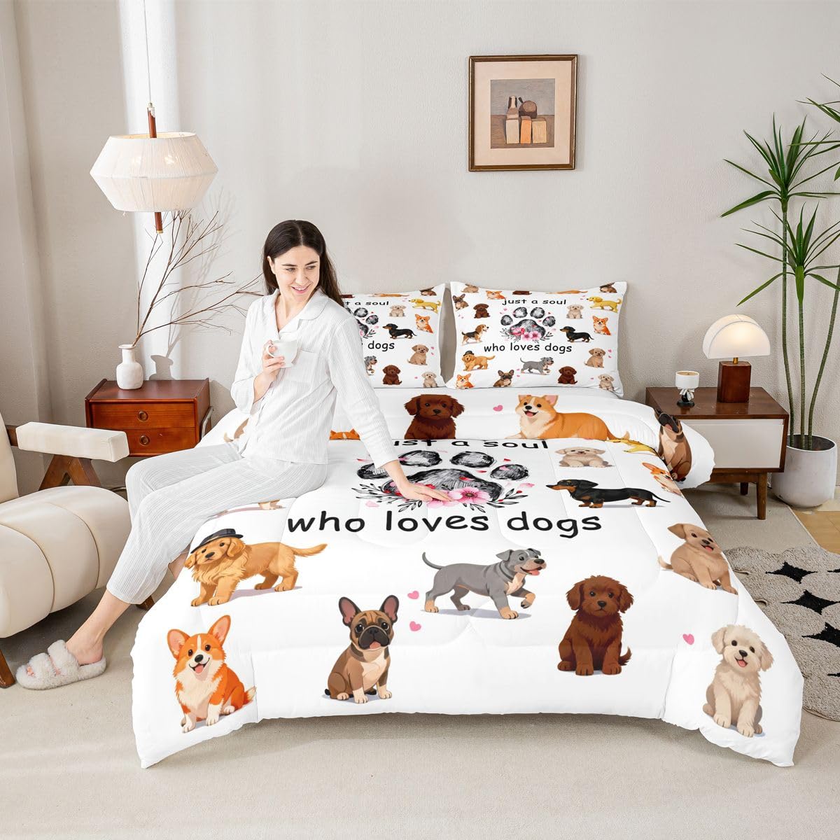jejeloiu Dogs Bedding Set Soft for Boys Girls, Puppy Dog Comforter Set Toddler Size Cute Animals Duvet Quilt Microfiber Bedroom Decor 2 Pcs with 1 Pillow Cases
