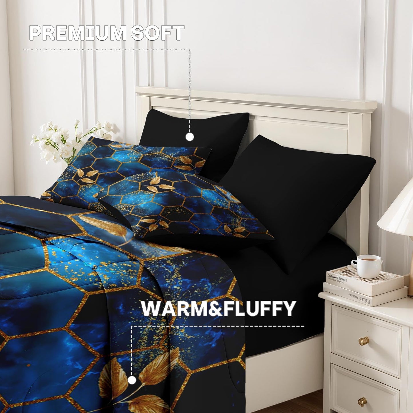 Nesker Comforter Set Queen Size, Luxury Geometric Hexagon 7 Pcs Bedding for Kids and Adults, Navy Blue Gold Marble Leaves Bed Sheet Sets with Fitted Sheet 2 Pillowcases & 2 Shams