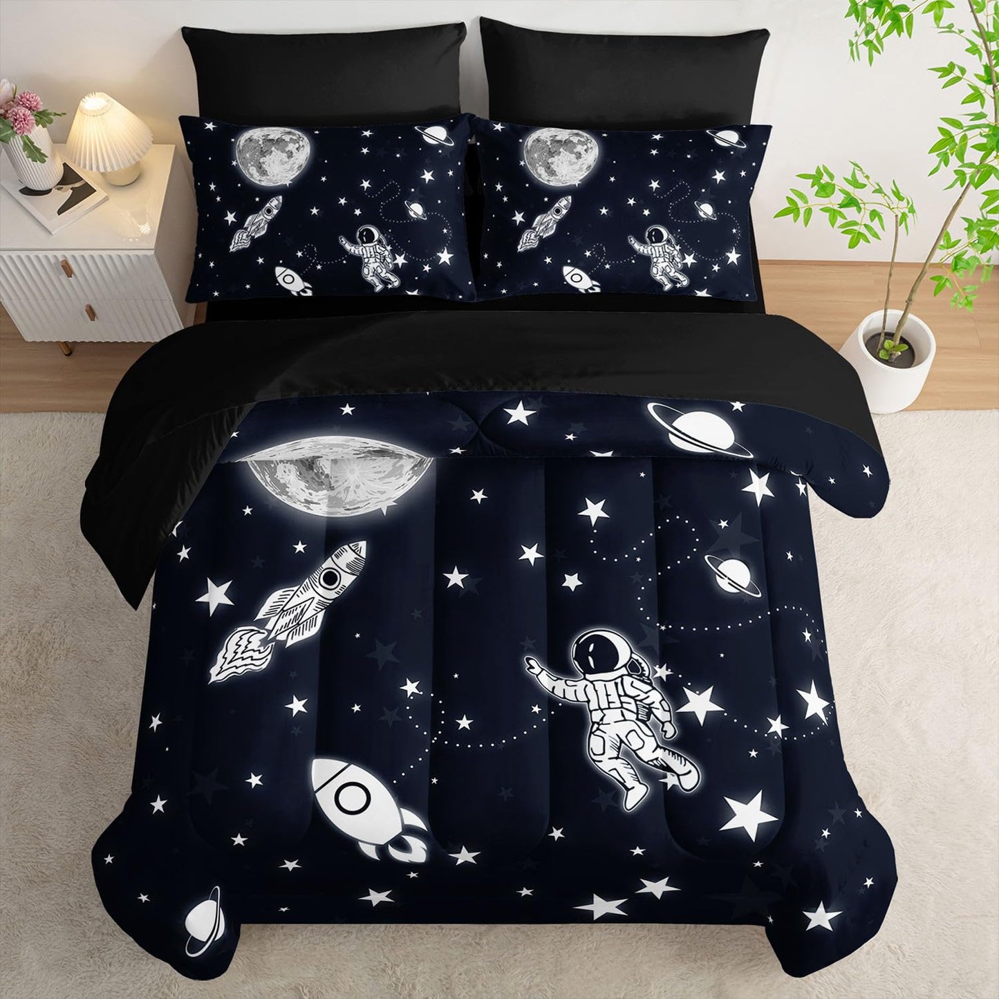 Smell Sunshine 7Pcs Space Comforter Set3D Space Rocket Planets Printed Bedding Set with 1 Comforter, 1 Flat Sheet, 1 Fitted Sheet and 4 Pillowcases for Boys and Girls Bedroom (Rocket Twin