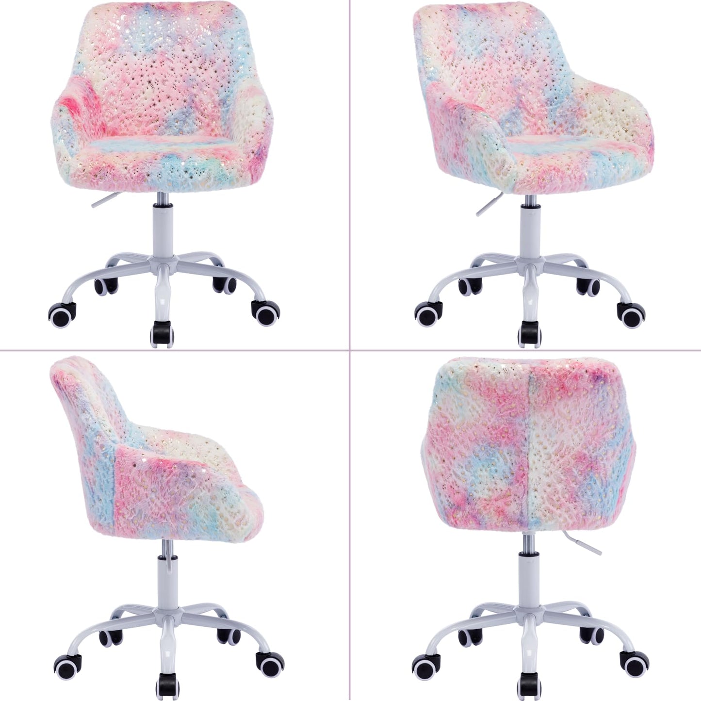 Ya-Home Kids Desk Chair Cute Swivel Reading Chair, Upholstered Adjustable Faux Fur Study Chair with White Wheels for Reading Room Bedroom, Colorful