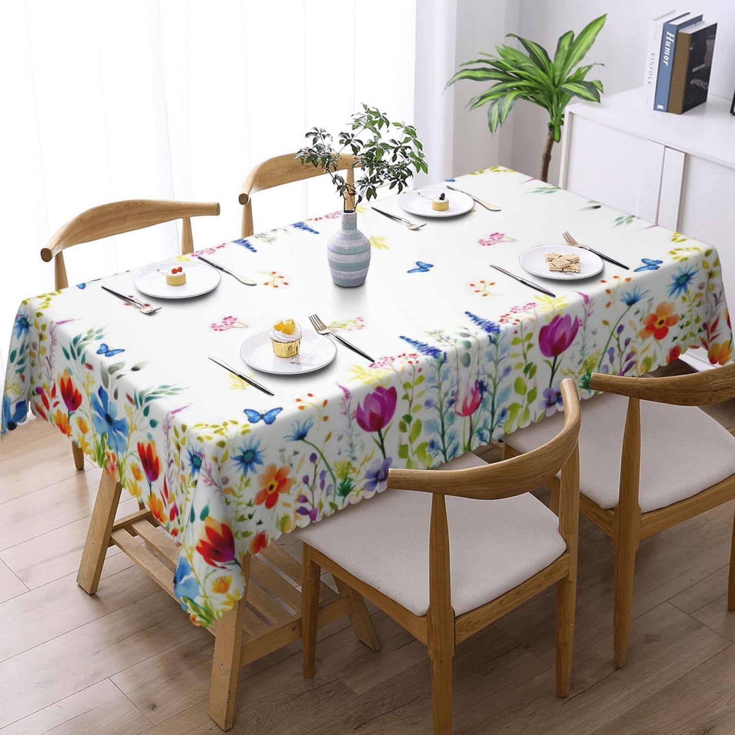 XUNNEECY Vibrant Colors Flowers Tablecloth 54x72 Inches, Floral Rectangular Polyester Table Cover with Wave Lace, Washable Dining Table Cloth for Kitchen, Party, Outdoor