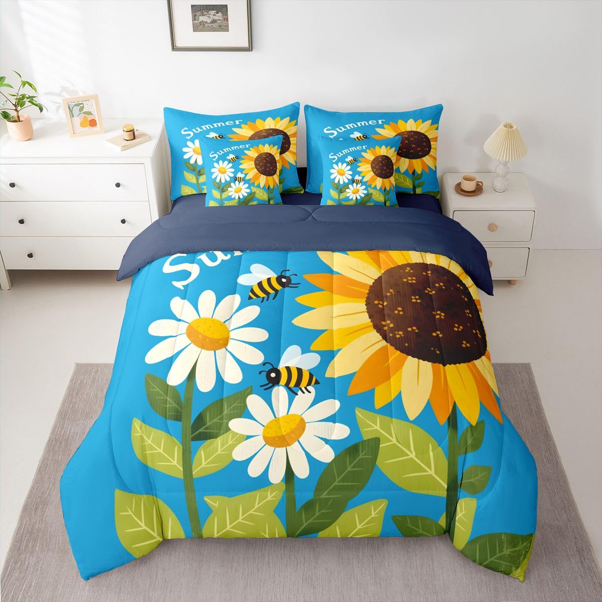 Erosebridal Sunflower Bee Queen Bedding Set Blue Yellow Green Cartoon Daisy Comforter Set Kids Boys Girls Vibrant Summer Floral 7-Piece Bed in a Bag Cheerful Garden Art Quilt Sets