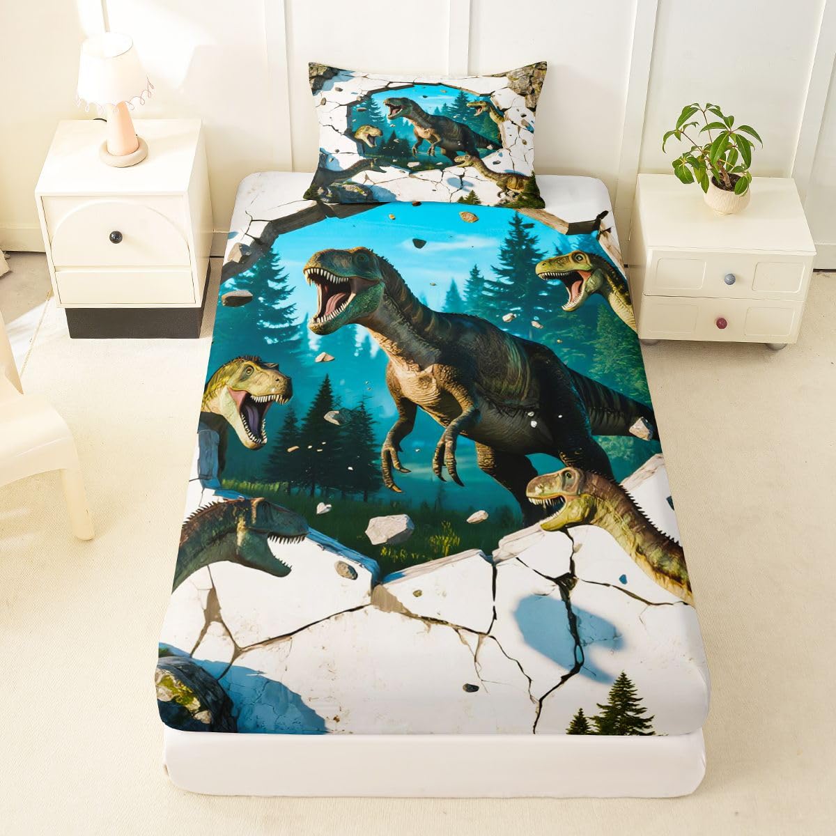 Feelyou Dinosaur Bed Sheets Set Twin Size 3D Digital Print Deep Pocket Fitted Sheet Jungle Dino Bedding Sets Wild Animal Soft Bed Set 3Pcs with 1 Pillow Cases Blue White Green