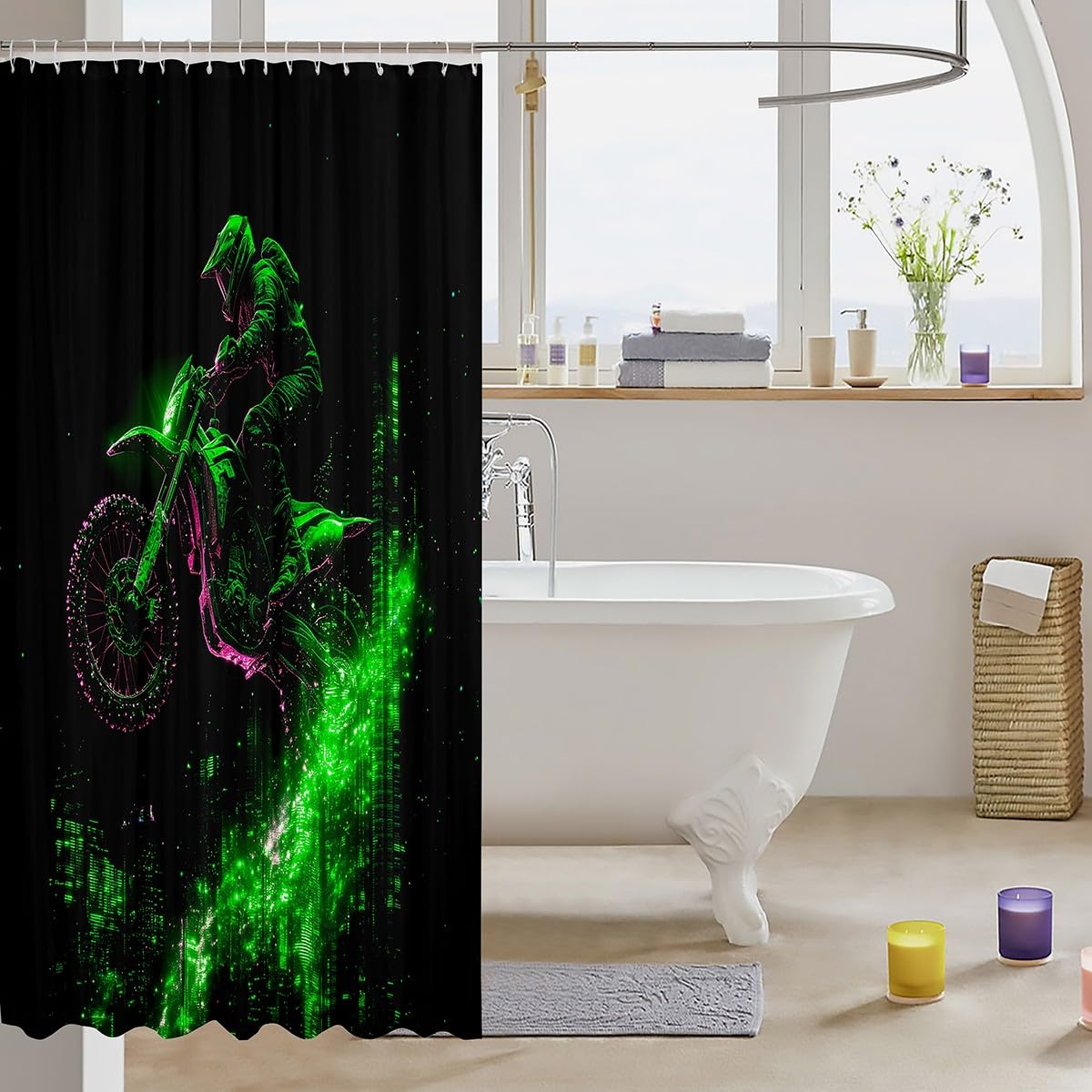 Feelyou Kids Dirt Bike Bathroom Shower Curtain Set Racing Motocross Rider Bath Curtain Boys Girls for Motorbike Shower Curtain Extreme Sports Teens Bathroom Accessories Bedroom Decor 72"x84"