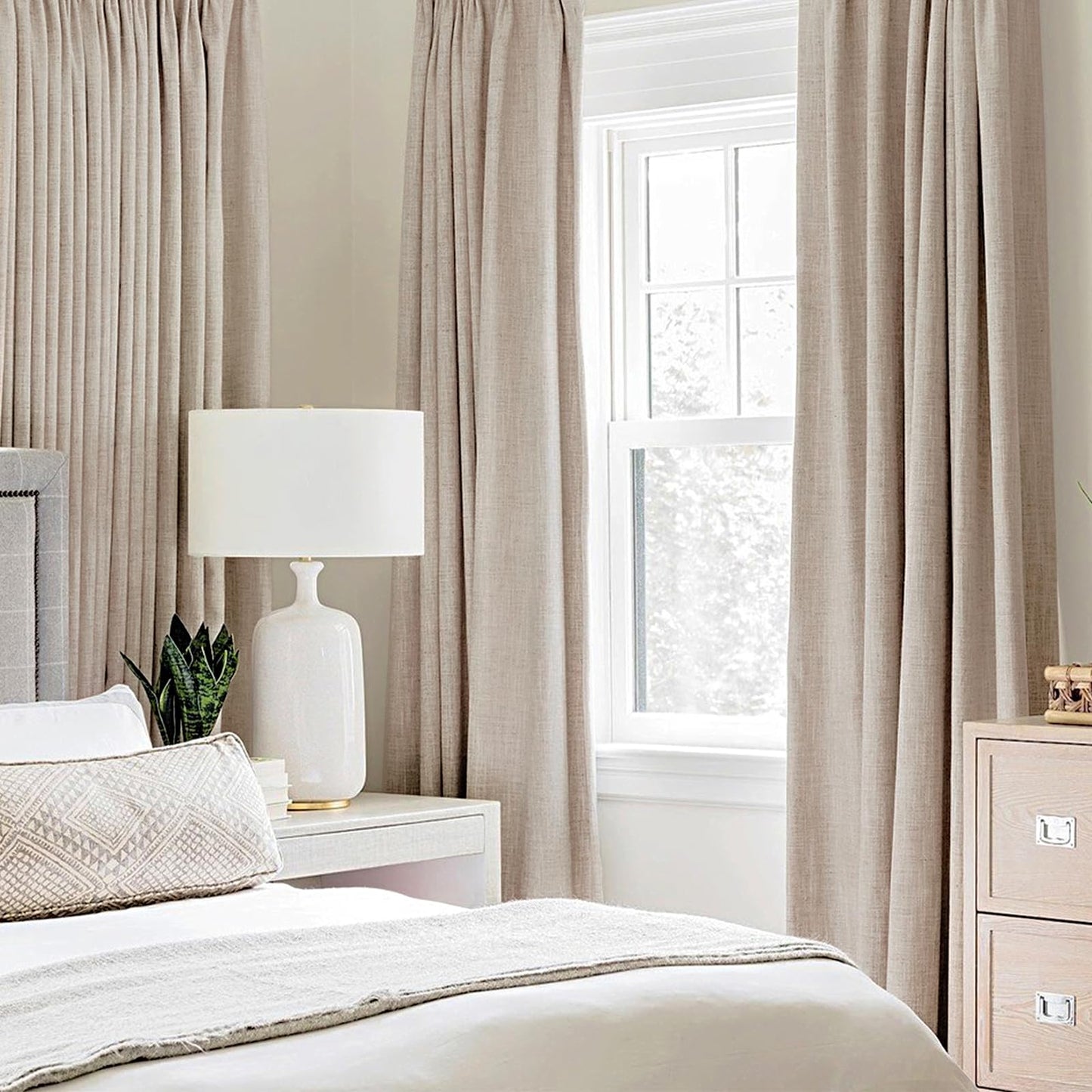 MIULEE 100% Blackout Linen Textured Curtains for Bedroom Solid Thermal Insulated Natural Beige Grommet Room Darkening Curtains & Drapes Luxury Decor for Living Room 52 x 84 Inch (2 Panels)