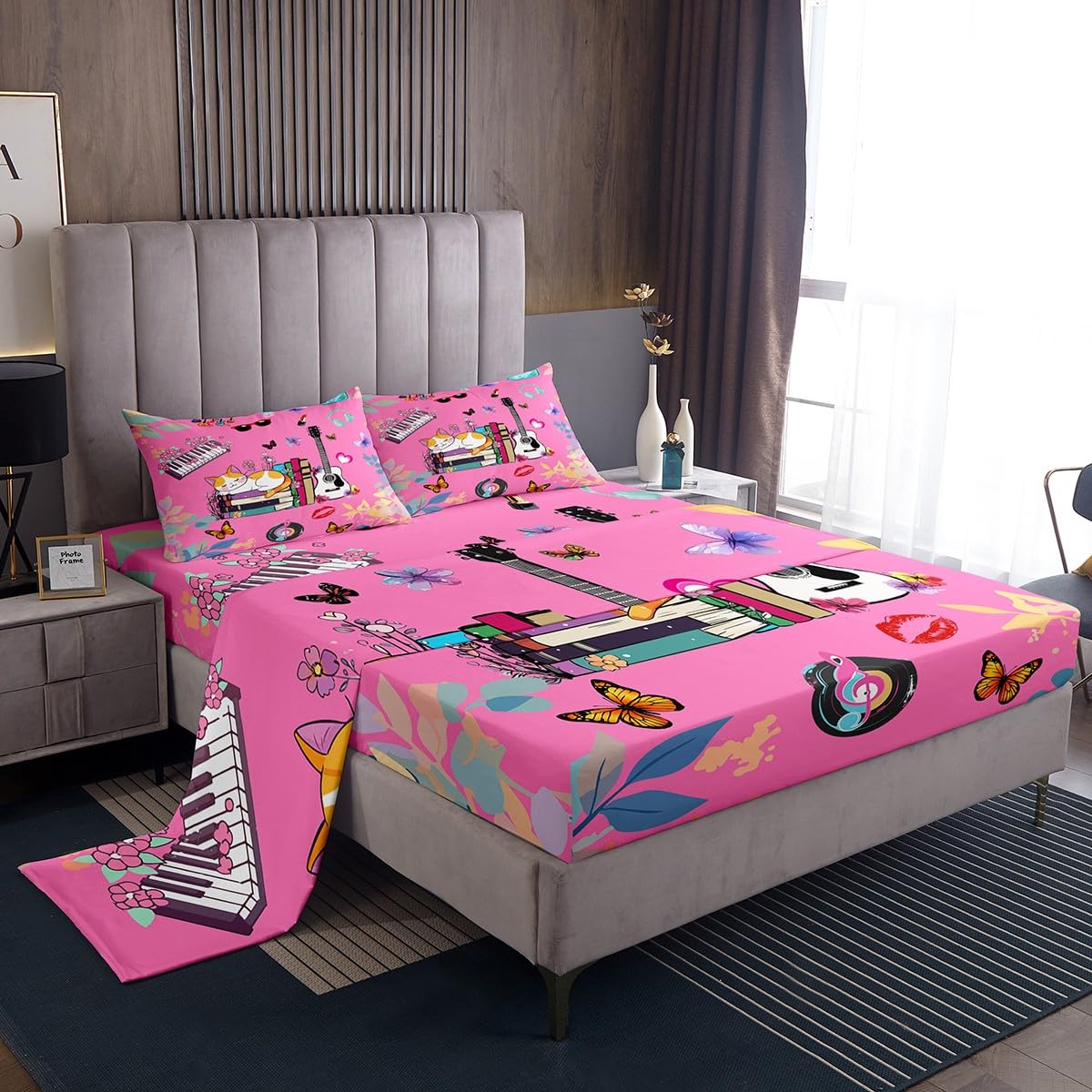 Erosebridal Music Themed Bed Sheets Set King Butterfly Sheet Set Music Book Cat Sheets for Fans Modern Fashion Pink Flat Fitted Sheet Birthday Valentines Day