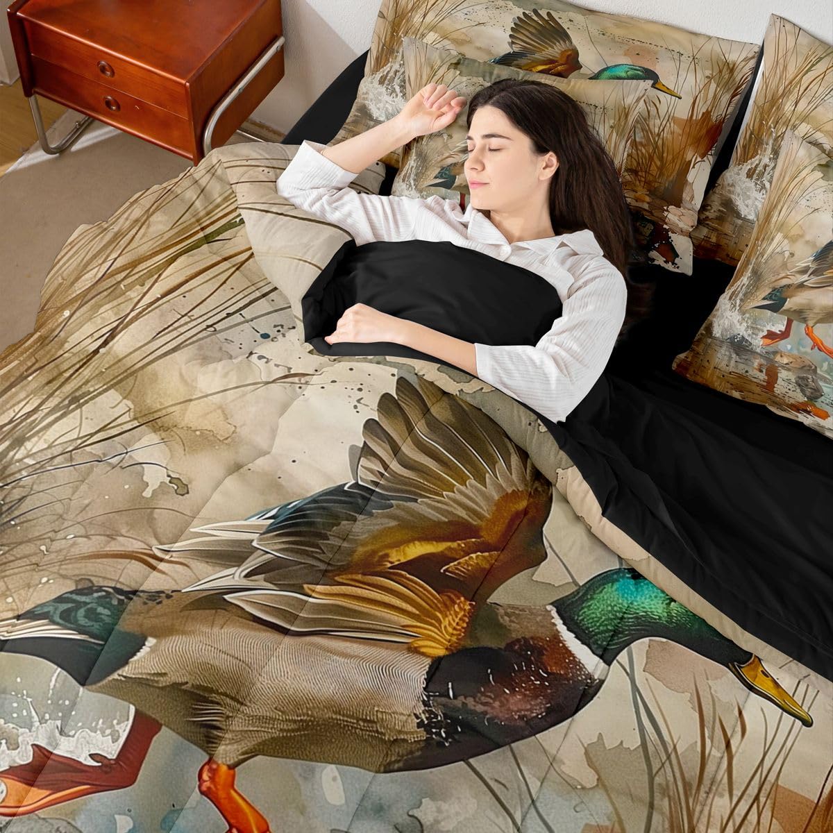 Erosebridal Wild Ducks 7 Piece Bedding Set Queen Mallards Comforter Set with Sheets Reeds Water Splashes Watercolors Bed in a Bag Hunt Cobblestone Spots Grey for Teens Men Women