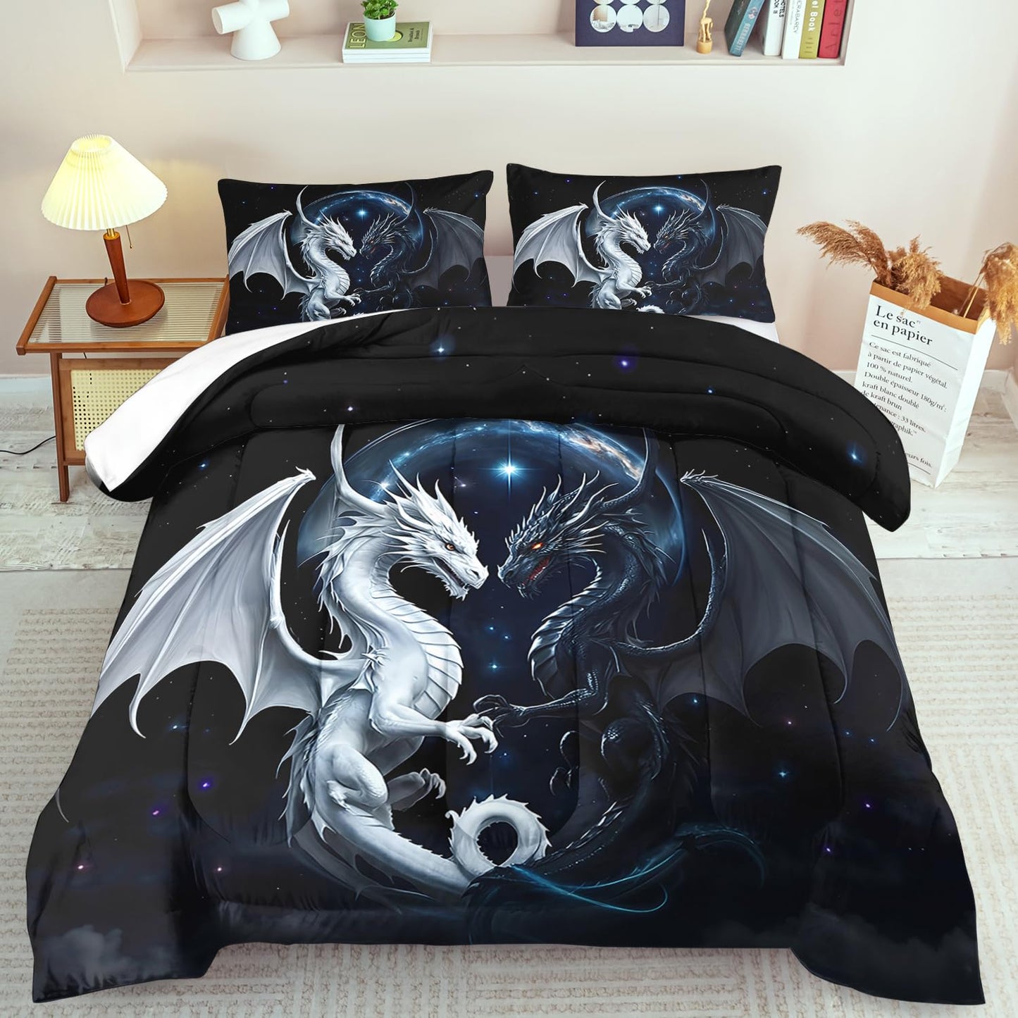 llyxsesty Black and White Dragon Comforter Set King for Boys Black Dragon Bedding Set Boys Gemini Universe Comforter King Quilt Animal Bedding Space Bed Decor Animal Home Decor