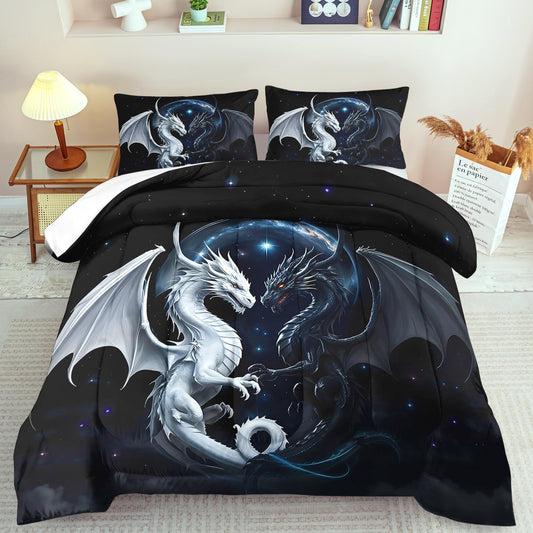 llyxsesty Black and White Dragon Comforter Set King for Boys Black Dragon Bedding Set Boys Gemini Universe Comforter King Quilt Animal Bedding Space Bed Decor Animal Home Decor