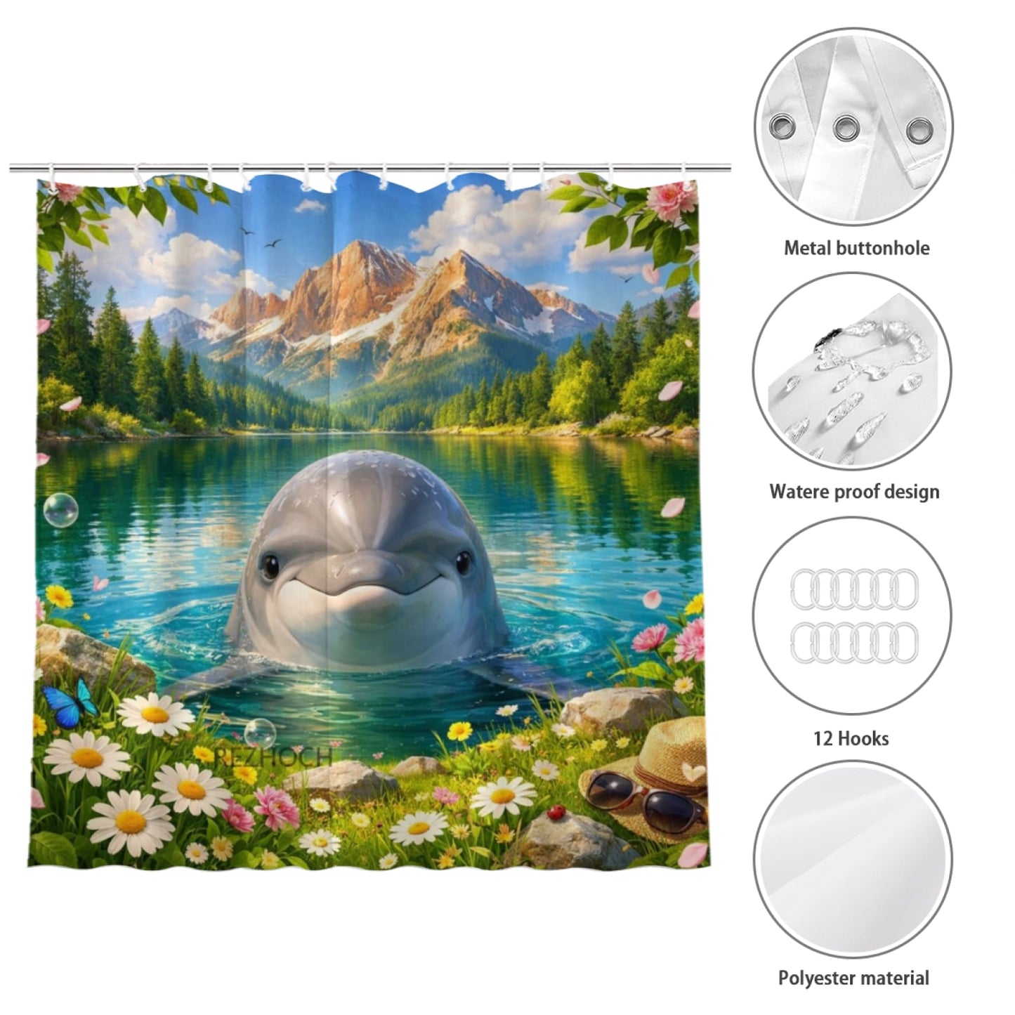 REZHOCH Funny Dolphin Alpine Lake Landscape Shower Curtain 72x72Inch Cute Animal Bathroom Decor Summer Wildflower Waterproof Fabric Nature Wildlife Scenic Bath Set with Hooks