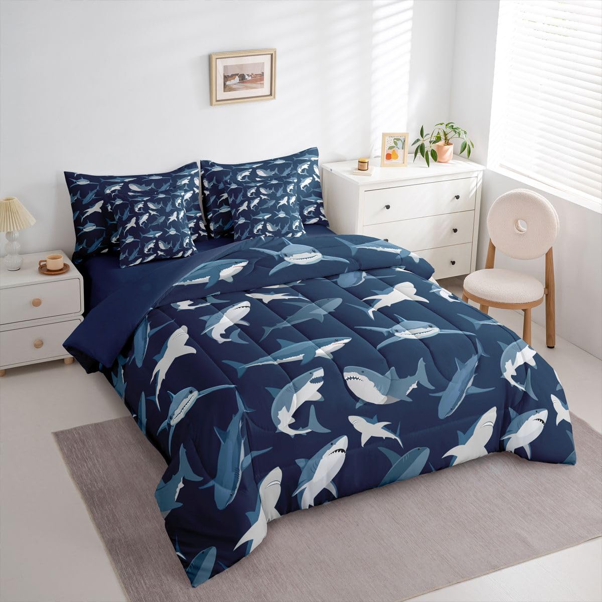 Erosebridal Boys Shark Queen Comforter Set with Sheets Navy Blue Ocean 7 Piece Bedding Set Cartoon Coastal Bed in a Bag, Under Sea Marine Life Sealife Nautical Sea Animal Room Decor