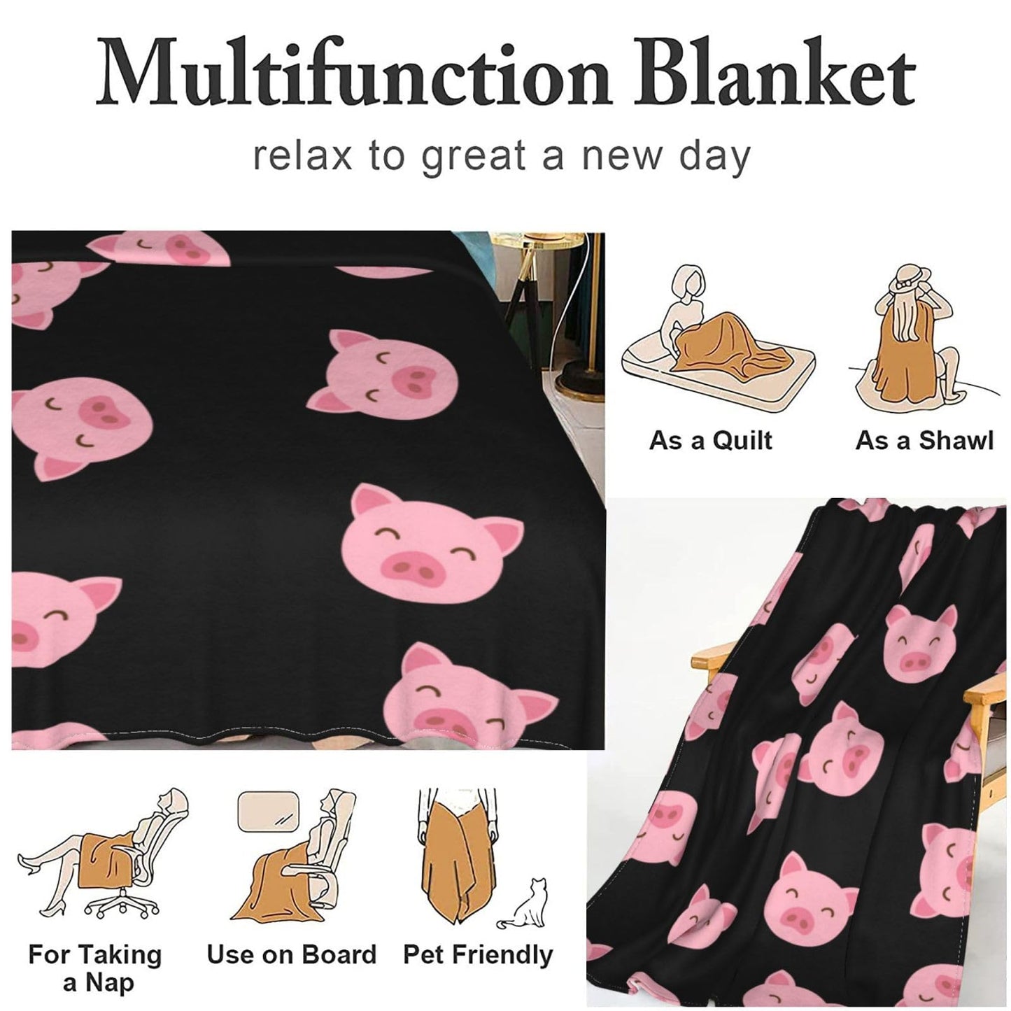 SARA NELL Pink Pig Blanket,Cute Cartoon Pig Face Flannel Fleece Throw Blanket,Super Soft Cozy Fluffy Warm Couch Bed Sofa Travelling Camping Blanket 50"X40" for Kids Adults All Season