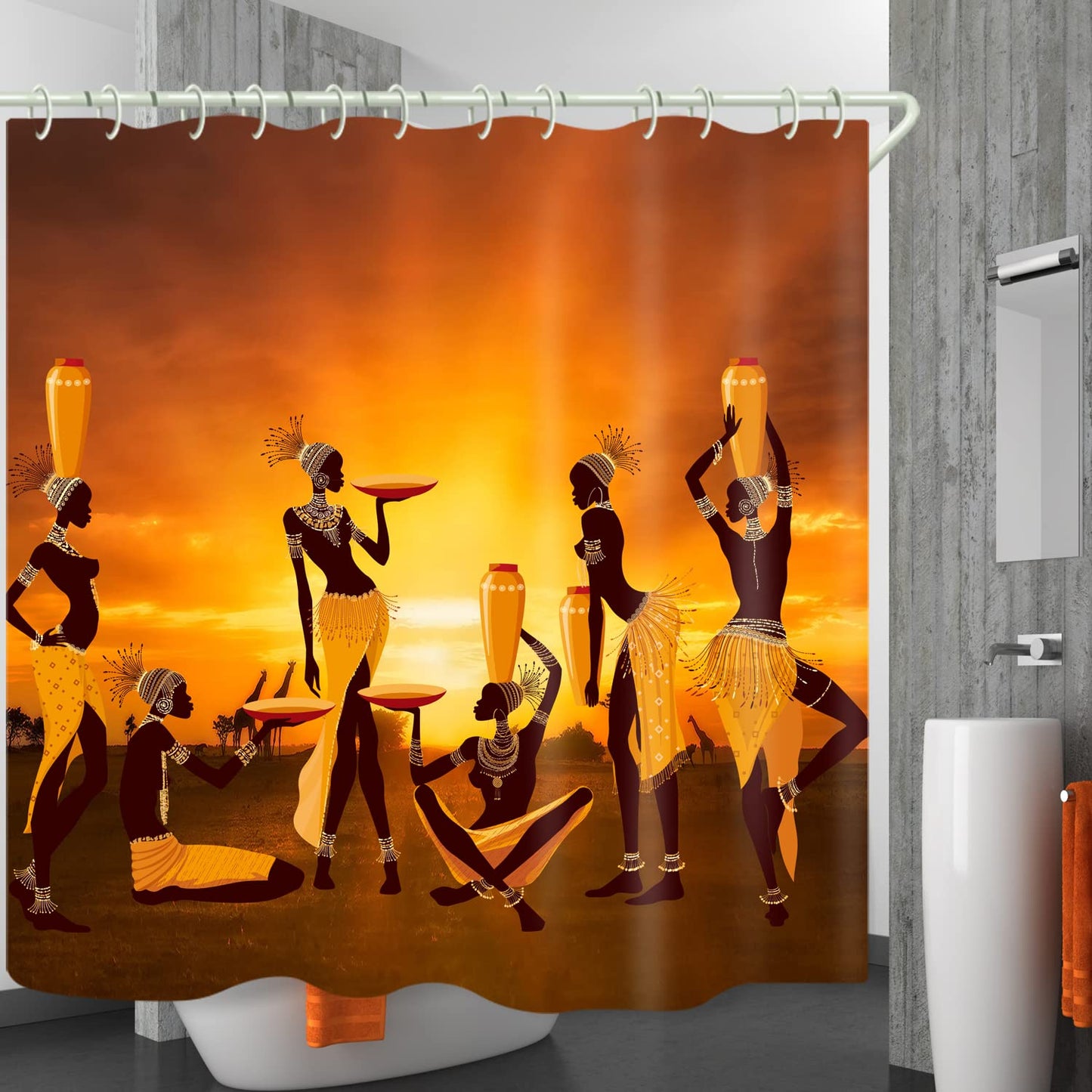 LYFANS Waterproof Shower Curtain Set Bathroom Orange African Tribal Print, Beautiful Wide Fabric Bathroom Curtain Bathtub Privacy Shower Curtains, 12 Hooks and 79 X 72 Inch Shower Curtain.