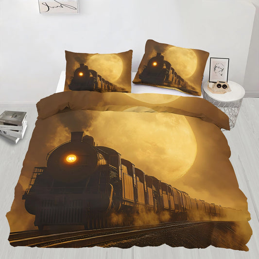 PAISUOQ Vintage Train Duvet Cover King Size, Steam Train Bedding Set, 3 Piece, Soft Microfiber Patterned Comforter Cover with Zipper Ties & 2 Pillowcase, Full Moon Landscape Bedroom Decor & Gifts