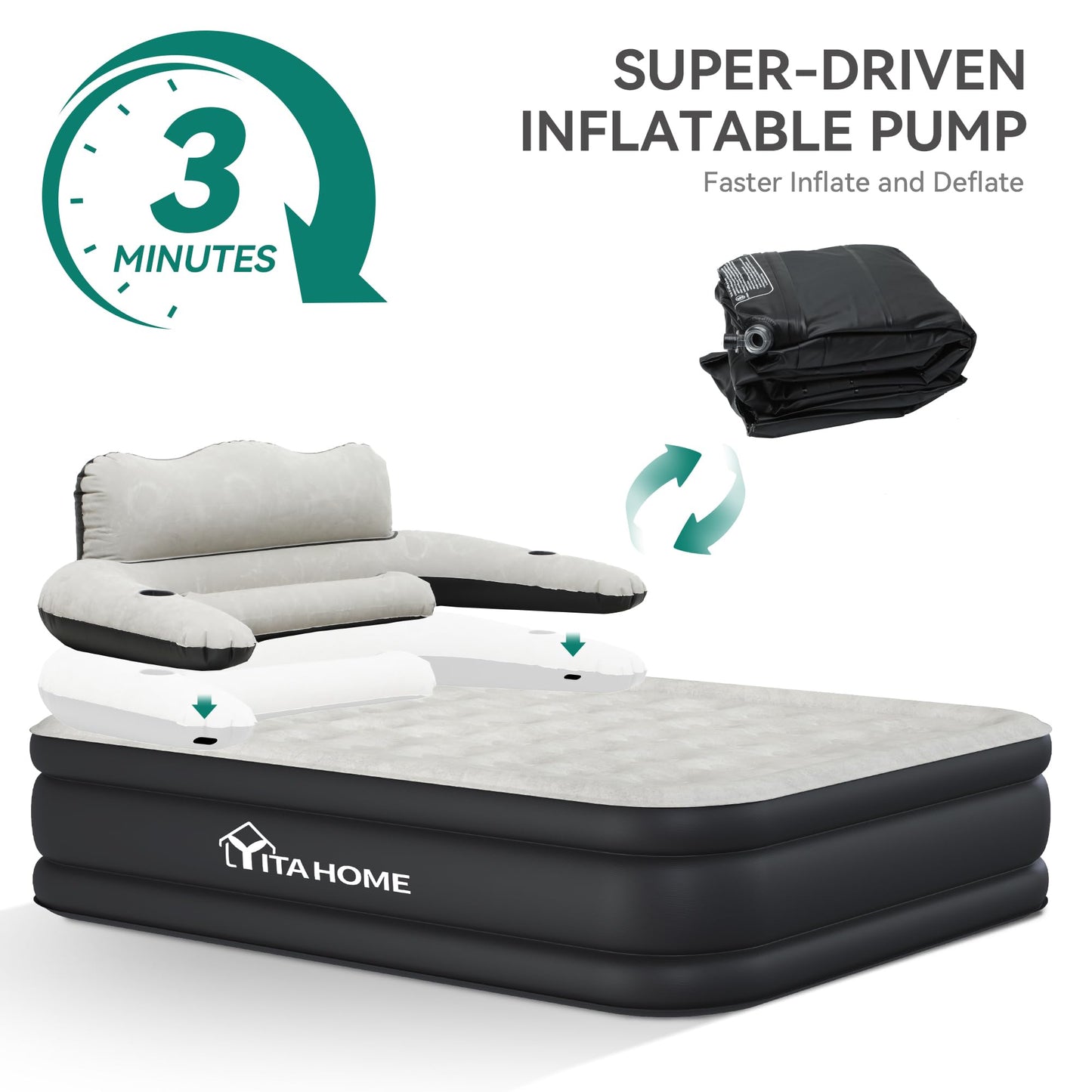 YITAHOME FullXL Size Air Mattress with Headboard, 18in Inflatable with Pillow, Blow Up Mattress with Removable Electric Pump, Comfort Air Bed Queen for Camping & Home, Black