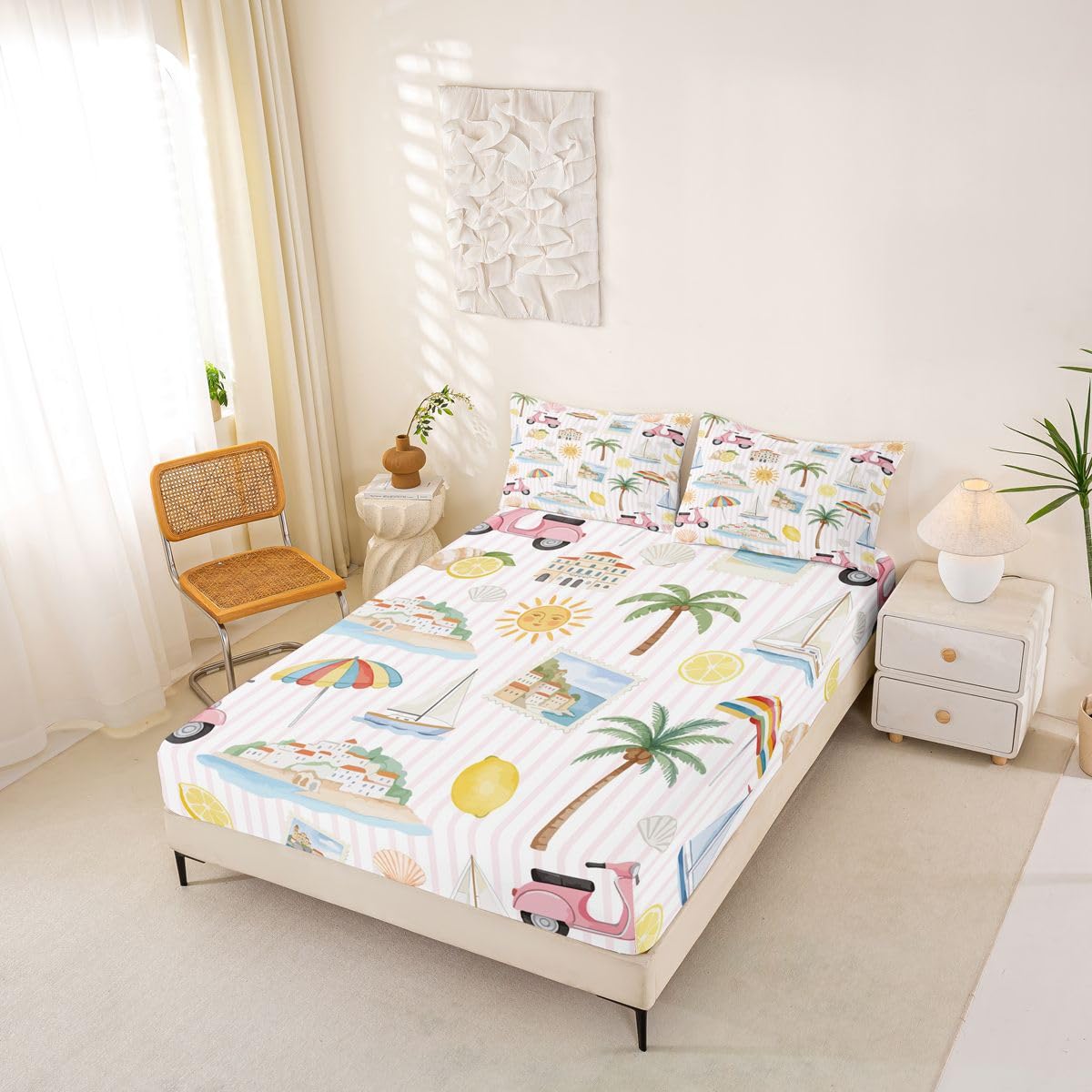 Summer Coastal Fitted Sheets Full Size (No Flat),Ocean Beach Life Bedding Set 3Pcs,Kids Teens Woman Room Decor,Tropical Coconut Tree Lemon Bed Sheet Sun and Pink Bike Deep Pocket Sheet,2 Pillowcases