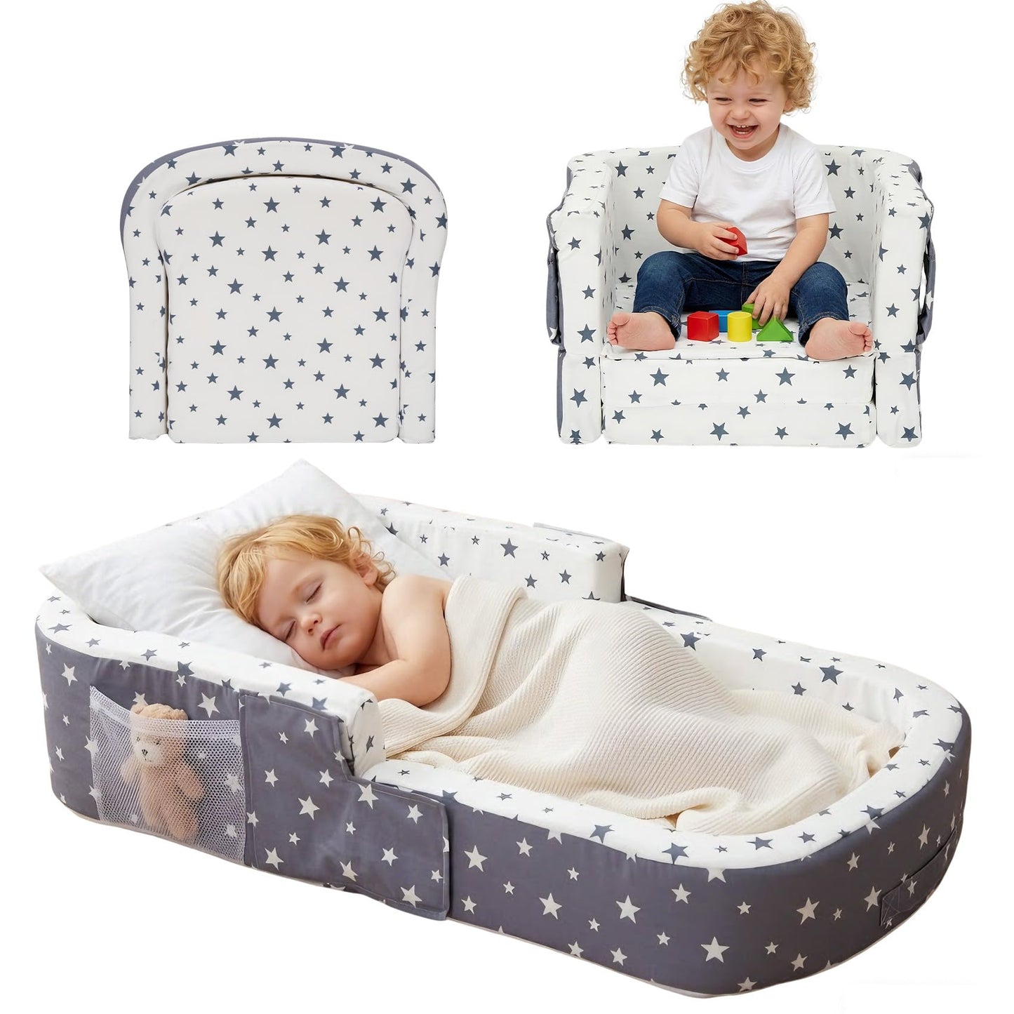 Toddler Travel Bed, 2-in-1 Portable Toddler Bed Sofa Chair Convertible Travel Crib with Storage Pockets, Foldable Portable Toddler Bed Sofa Chair Velvet Washable Covers for Kids Camping Hotel Sleeping