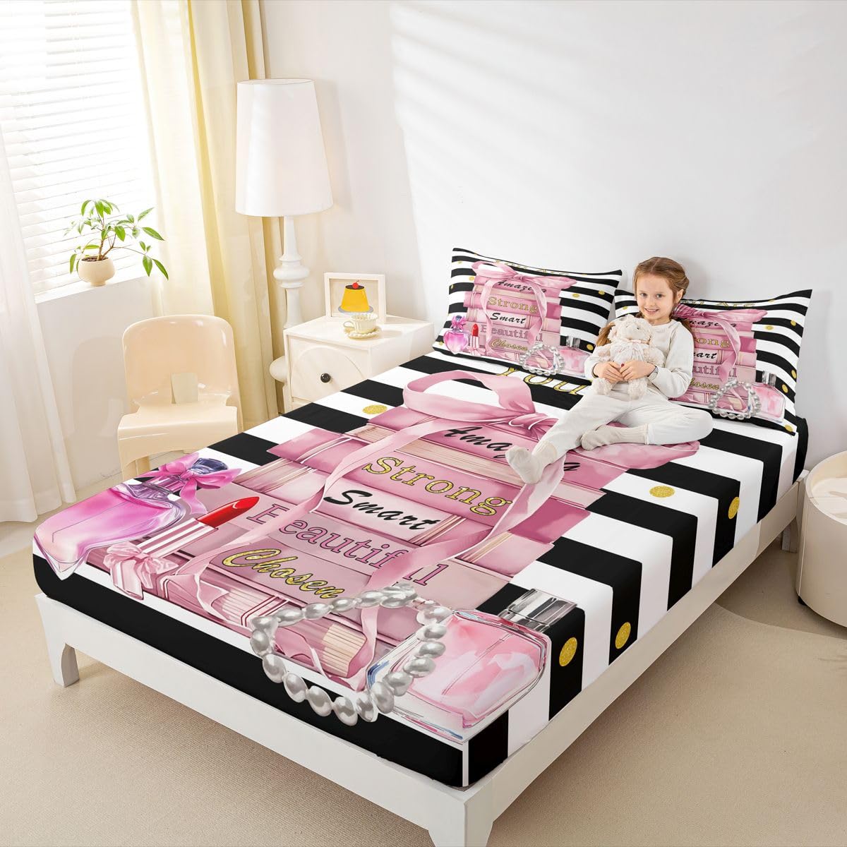 Erosebridal Pink Cute Sheet Set King Size Girly Fashion Bow Bed Sheets for Girls Teens Kids Women Modern Black and White Stripe Bedding Set Positive Quotes Books Pearl Perfume Sheets