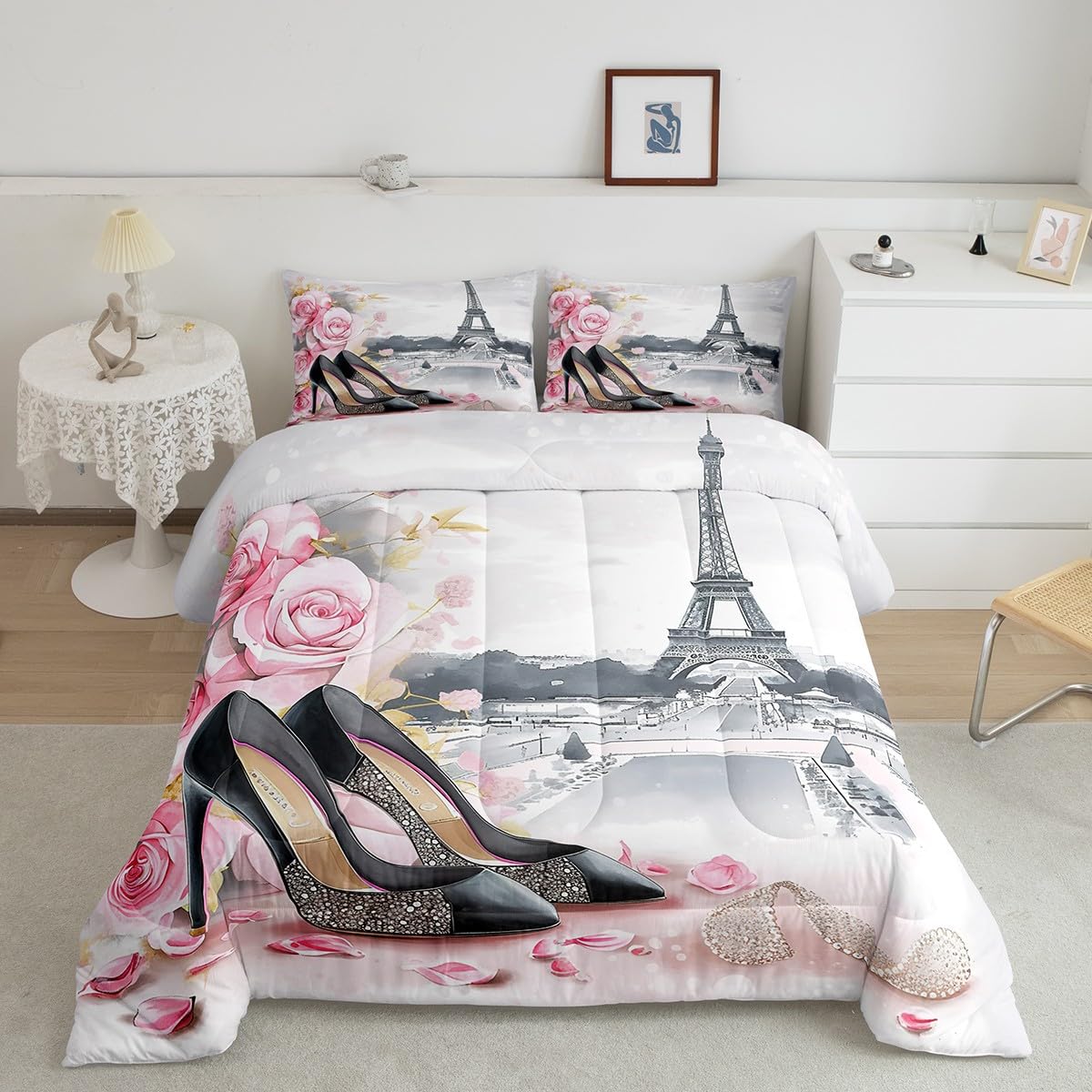 High-Heeled Shoes Princess Kids Comforter Set Queen Size,Roses Flowers Paris Eiffel Tower Bedding Set,Women Girls Room Decor,Glitter Diamond Romantic Down Comforter,Pink Duvet Insert,2 Pillowcases