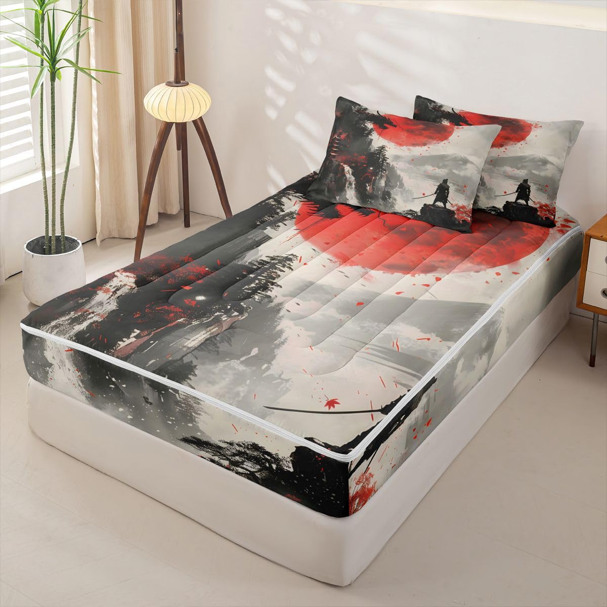 Erosebridal Japanese Samurai Zipper Bedding Black Dragon Twin Bed in a Bag Set for Boys Girls Teen Red Sun Mountain Kids Comforter Set with Fitted Sheet Retro Ink Painting Style Zip Up Bedding