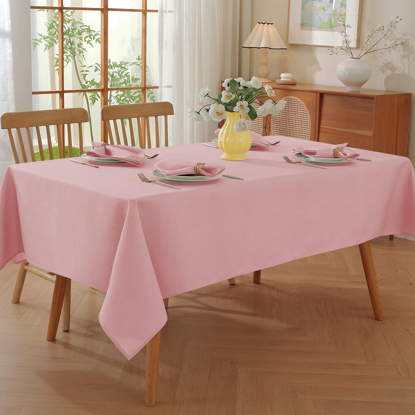 SASTYBALE Pink Tablecloth Rectangle, Spillproof Table Cloth Wrinkle Resistant Washable Textured Table Cover for Kitchen Dinning Parties Farmhouse Outdoor Pink 52" x 70"