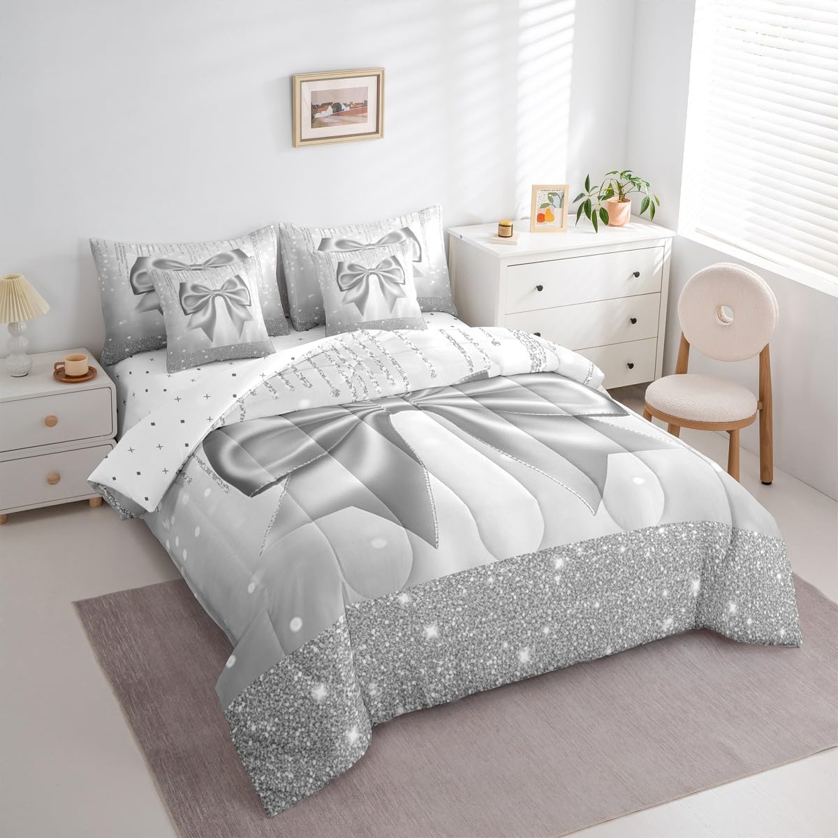Feelyou Bowknot Comforter Set Twin Size 7 Pieces Dreamy Princess Bedding Set for Kids Boys Girls Glitter Bed in a Bag with Comforter, Sheets, Pillowcases, Cushion Covers Cute Bow Quilted Soft