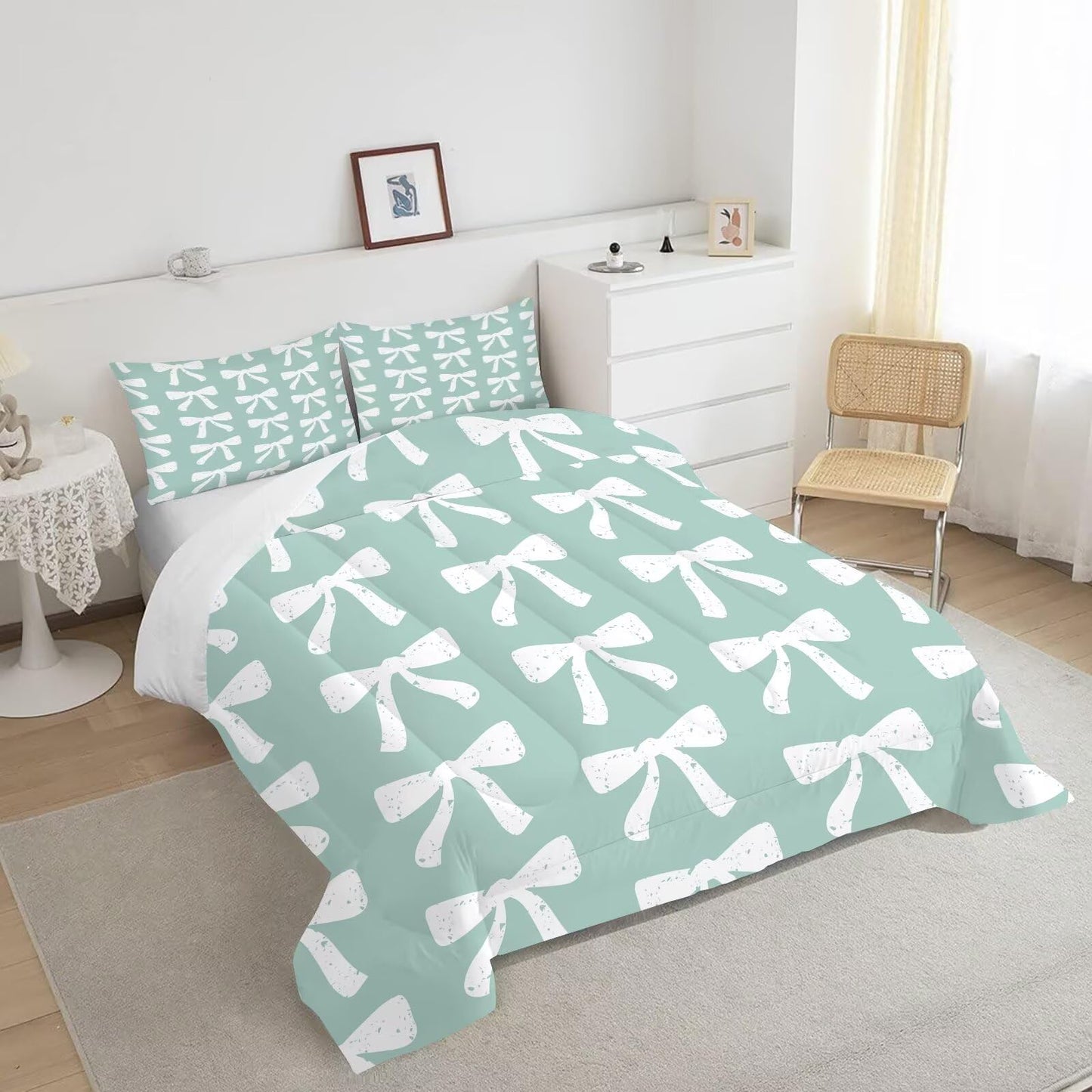 DJNEAR Green Bow Comforter Set Twin Size Cute Girls Bedding Sets for Kids Teens Women Bedroom Kawaii Bowknot Quilt Room Decor 1 Comforter 1 Pillowcase