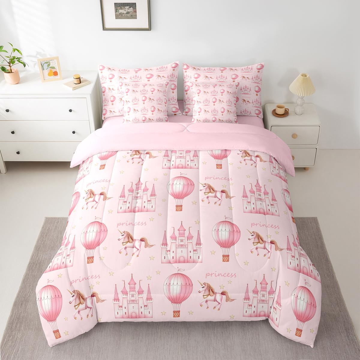Feelyou Castle Comforter Set Queen Size 7 Pieces Princess Style Bedding Set Cute Bed in a Bag with Comforter, Sheets, Pillowcases, Cushion Covers Girls Dreamy House Bedroom Decor Fairytale Quilted