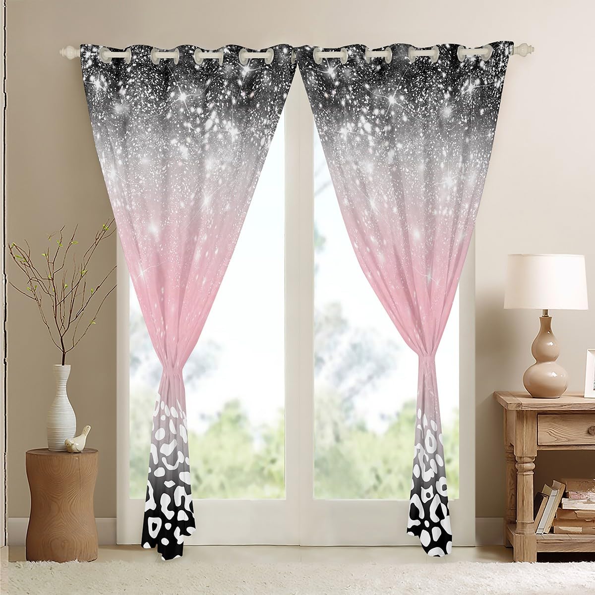 jejeloiu Leopard Print Curtains for Bedroom Living Room (2 Panels, 42 x 63 Inch) Kids Pink and Black Blackout Curtains Glitter Pattern Darkening Drapes Gradient Stryle Window Treatments
