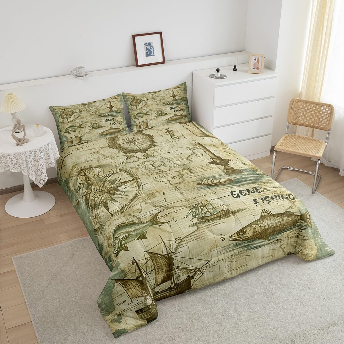 Hunt Fishing Comforter Set Queen Size,Bass Fish and Sailboat Bedding Sets for Boys Men Adult Room Decor,Retro Rustic Farmhouse Down Comforter,Lake House Fishhook Lover Quilted Duvet,2 Pillowcases