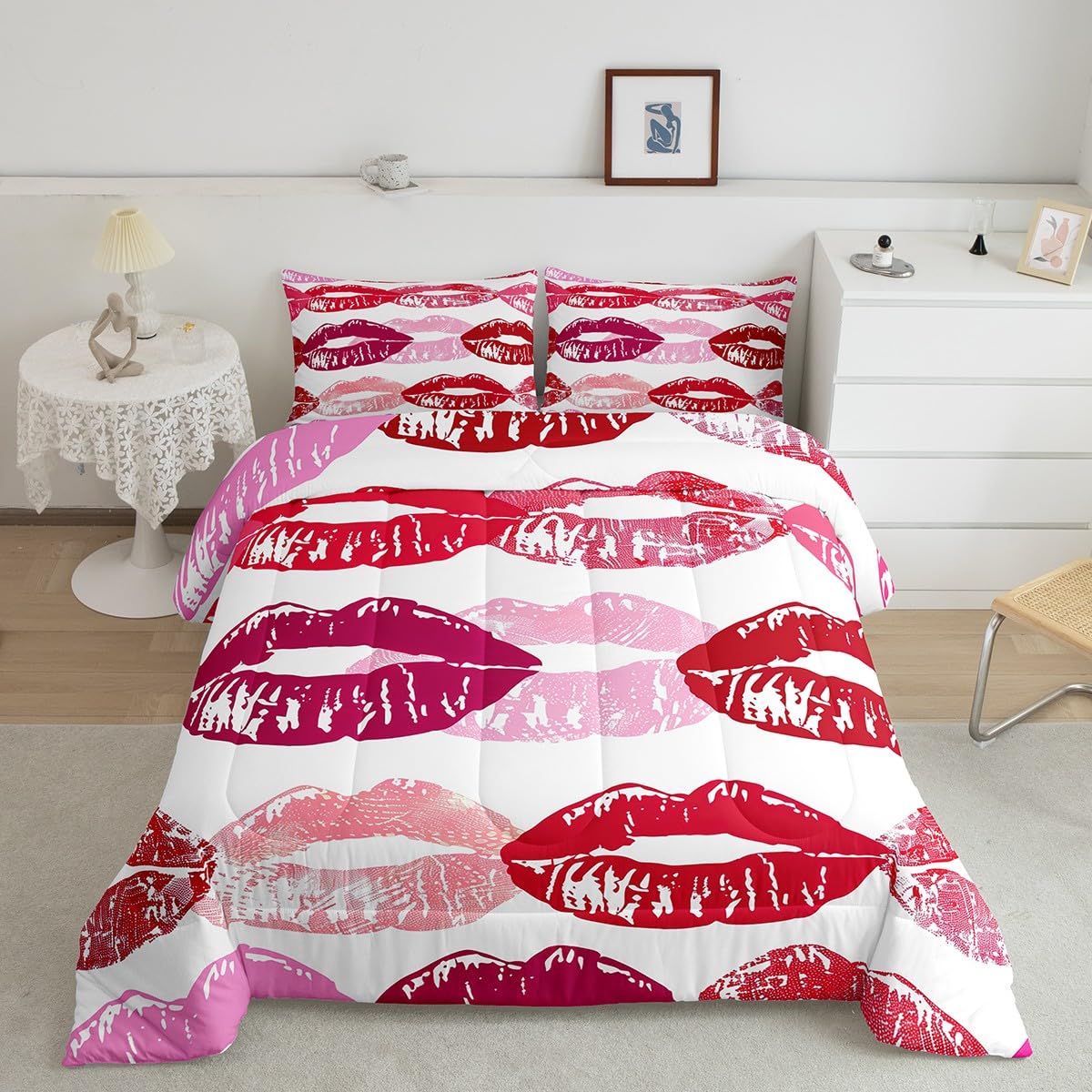 Erosebridal Red Pink Lip Comforter Set for Girls Teens Women 3D Mouth Print Bedding Sets 7 Piece Twin Fashion Lip Bed in A Bag Boys Modern Abstrict Art Quilt with Flat Fitted Sheet All Season