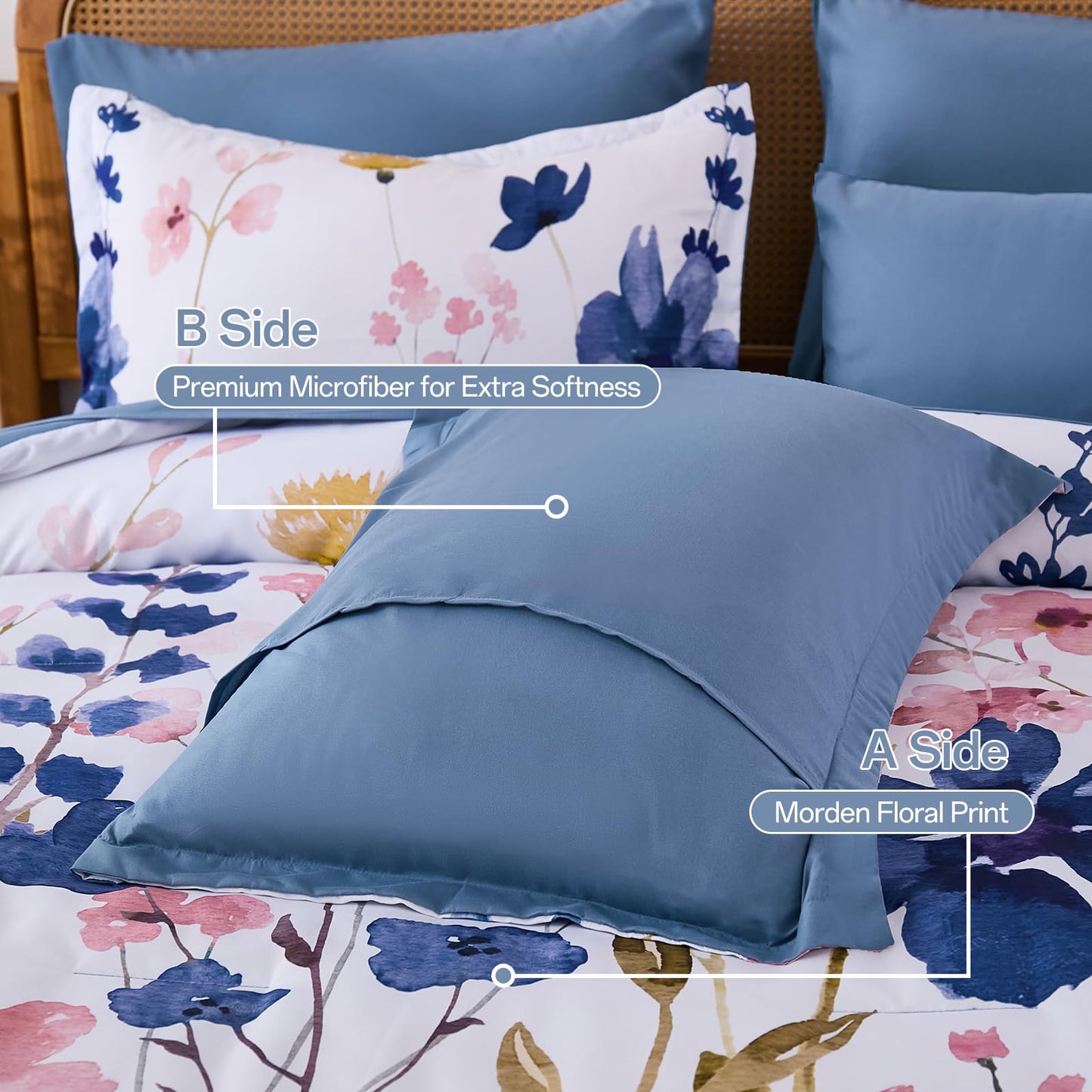 Anibedding Blue Floral Comforter Set Queen Size, 8 Piece Botanical Flower Bed in a Bag, Reversible Design Comforter Soft Microfiber Complete Bedding Sets for All Season (Blue, 90"x90")