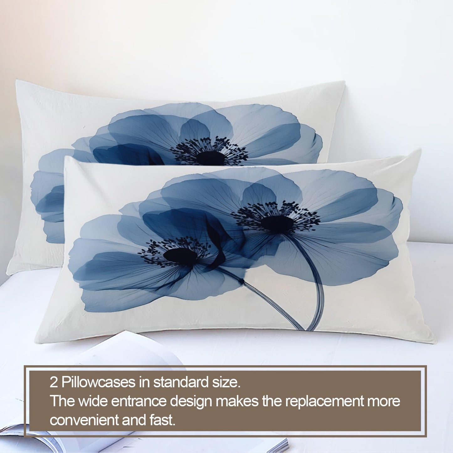 QINYUN Flower Duvet Cover King Size, Elegant Blue Flowers Bedding Set 3 Piece Bedroom Decor Modern Comforter Cover with Zipper Ties & 2 Pillowcases