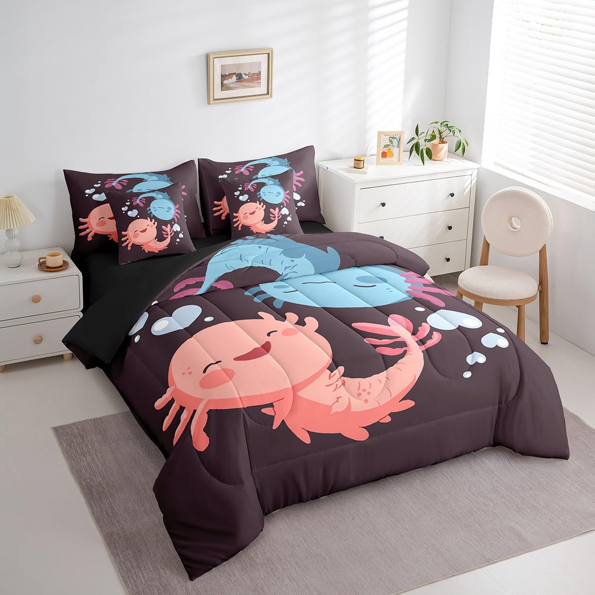 Erosebridal Kawaii Comforter Set 7 Piece Bed in a Bag Twin,Cute Cartoon Axolotl Bedding Sets Sealife Wildlife Reptile Comforter and Sheet Set,Lovely Nautical Sea Animal Pet Bed Set