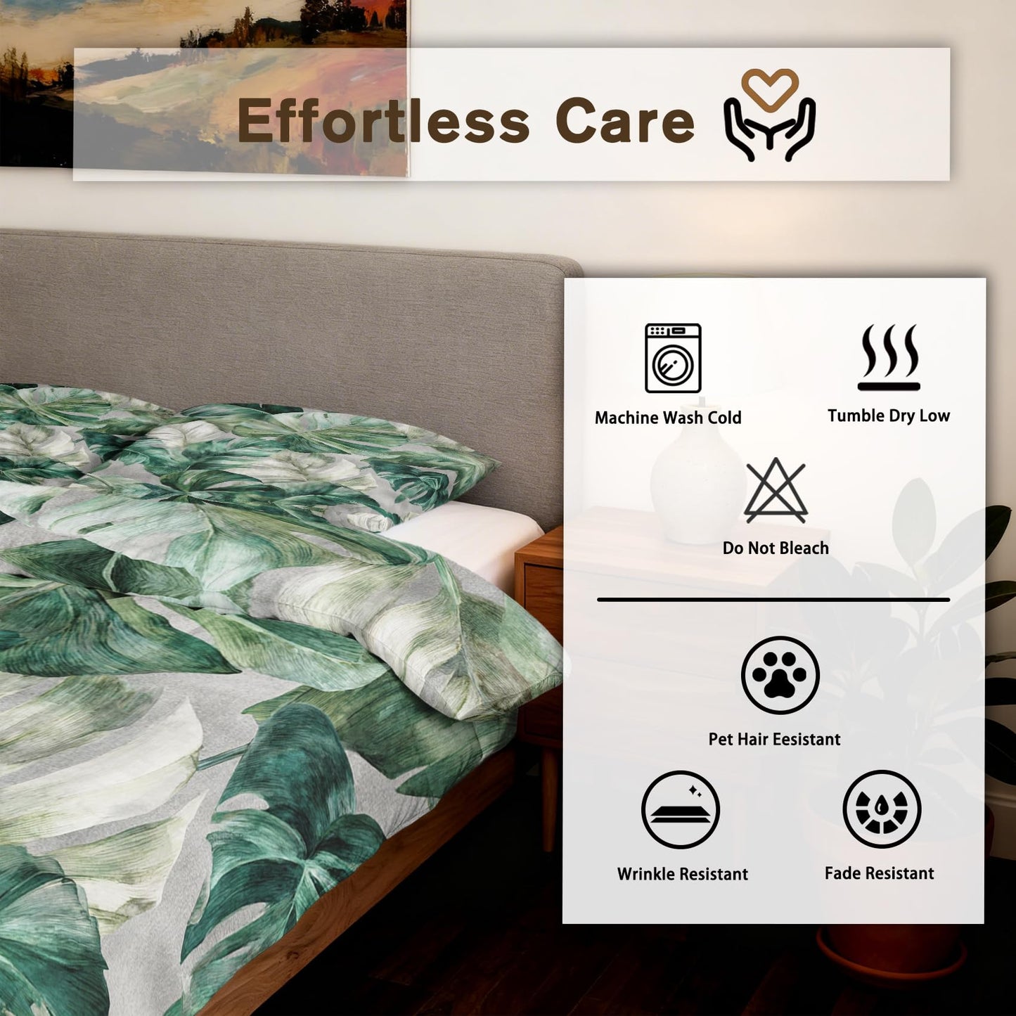 Monstera Leaf Comforter Set King Size 3Pc, Tropical Botanical Leaves Pattern Down Alternative Bed Comforter, 2 Pillow Shams, Soft All Season Bedding, Monstera Leaf Bedroom Decor AF3788