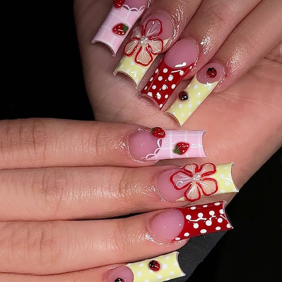 plalely Square Press on Nails Long Pink Stick on Nail Tips with Embossed StrawberryNails Press ons CutePress on False Nails for Women 24pcs