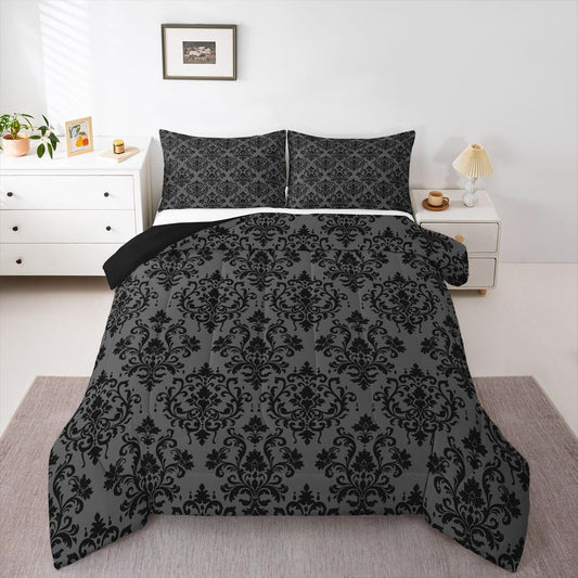 jejeloiu Gothic Damask Comforter Set Queen Size Vintage Jacquard Bedding Set for Kids Boys Girls Exotic Floral Duvet Quilt Antique Classic Bedroom Decor Microfiber 3 Pcs with 2 Pillow Cases