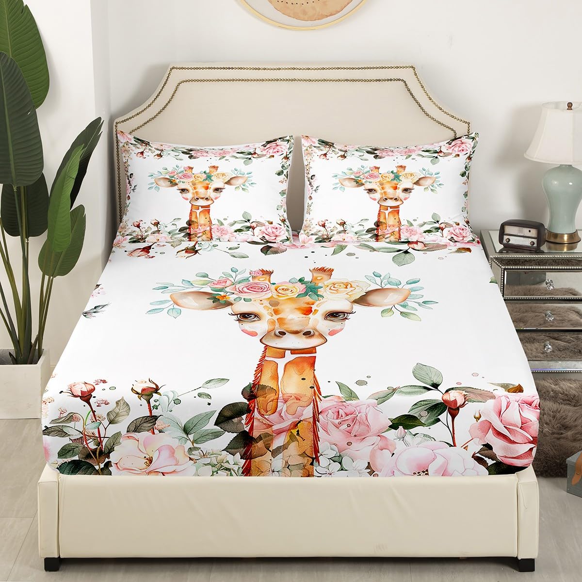 Erosebridal Cute Giraffe Sheet Set Pink Rose Bed Sheets Queen Size Girls Kids,Cartoon Animal Flat Sheet Floral Flower Fitted Sheet,Wildlife Giraffe Skin Sheets Botanical Room Decor,4Pcs…