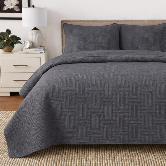 Cozy Line Home Fashions 100% Cotton Quilt Set – 3-Piece Charcoal Gray Geometric Basketweave Quilted Bedspread with Shams, Lightweight All Season Modern Bedding (Maze Gray, Queen)