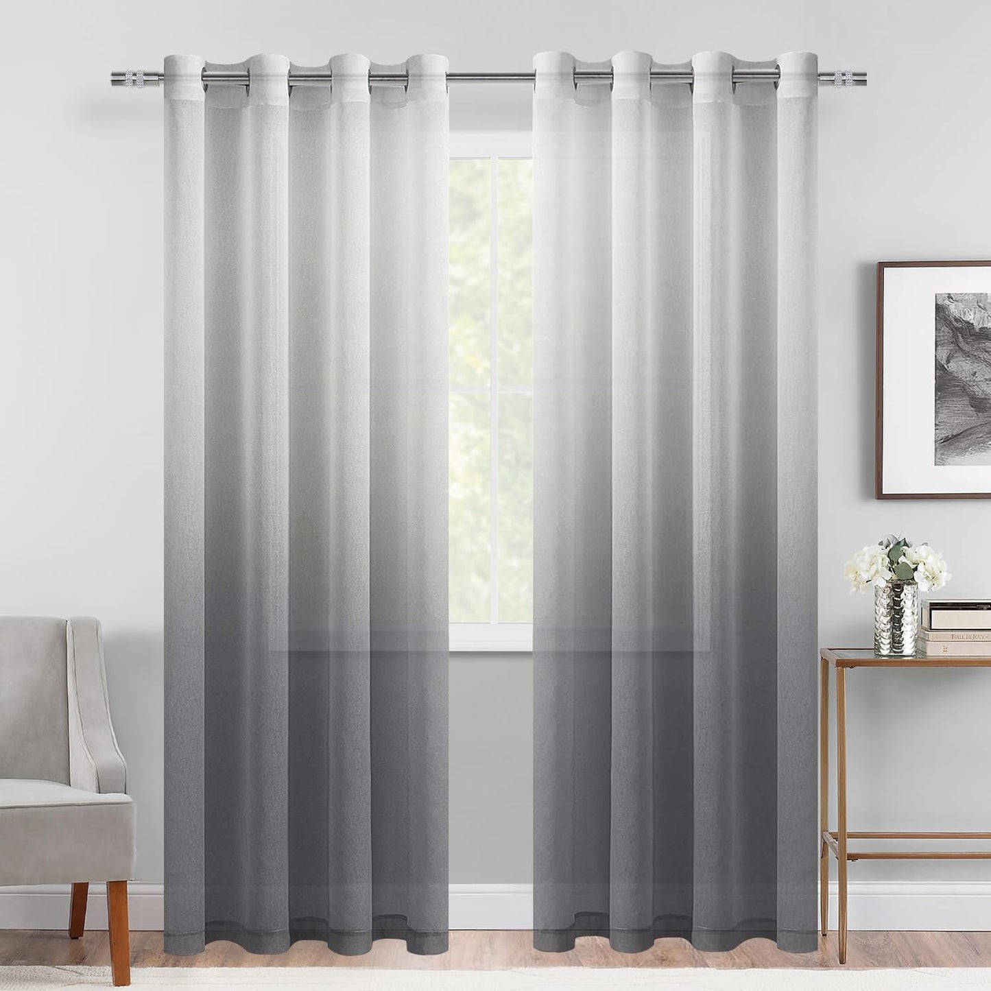 DWCN Grey Ombre Sheer Curtains - Gradient Semi Voile Grommet Top Window Curtains for Bedroom and Living Room, Set of 2 Panels, 52 x 84 Inches Long