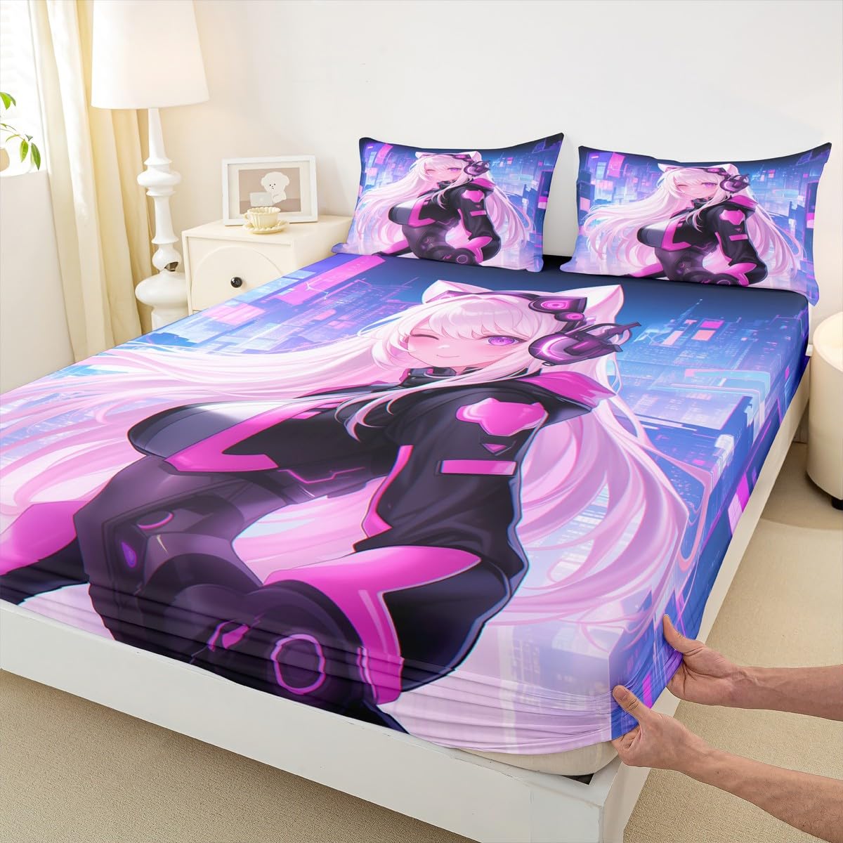 Erosebridal Twin Anime Girl Bed Sheets 2 Piece, Kawaii Japanese Anime Bedding Set Cartoon Girl Fitted Sheet Sci Fi Style Japanese Animation Sheets for Kids Girls Teens Adult Room