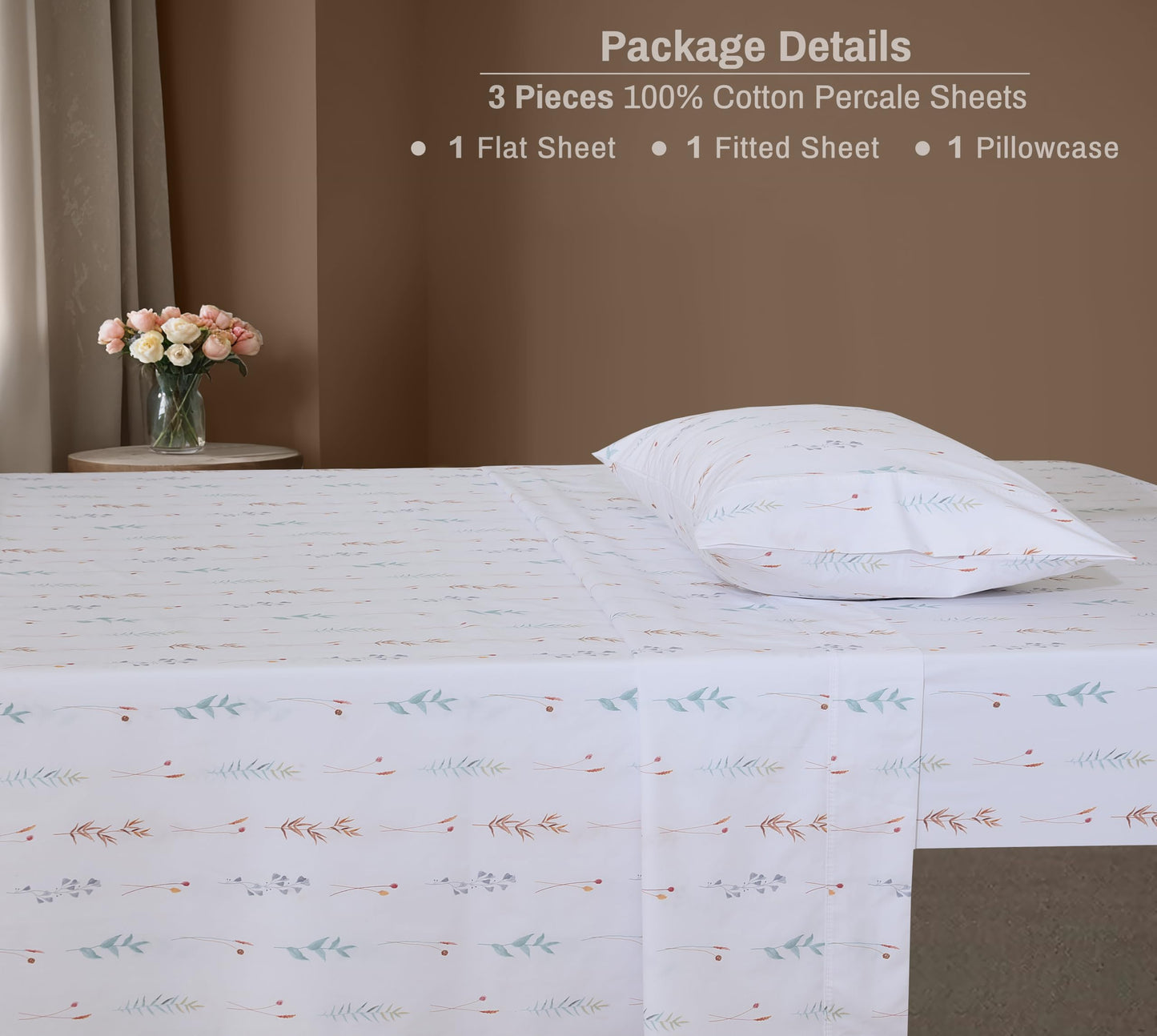 ZOYER 100% Cotton Sheets – Twin Size Percale Bedding, Cooling & Breathable, Durable with a Crisp, Soft & Comfortable Feel, 16" Deep Pocket, 3-Piece Set, Fairy Meadows
