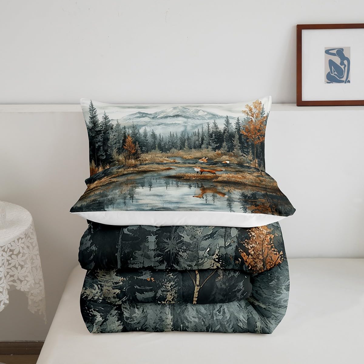 Fox Bedding Set Full Size,Tree Woodland Mountain Comforter Set for Kids Boys Girls Teens Room Decor,Lake House Nature Duvet Insert 3Pcs,Abstract Rustic Style Wild Animal Quilt Set,2 Pillowcases