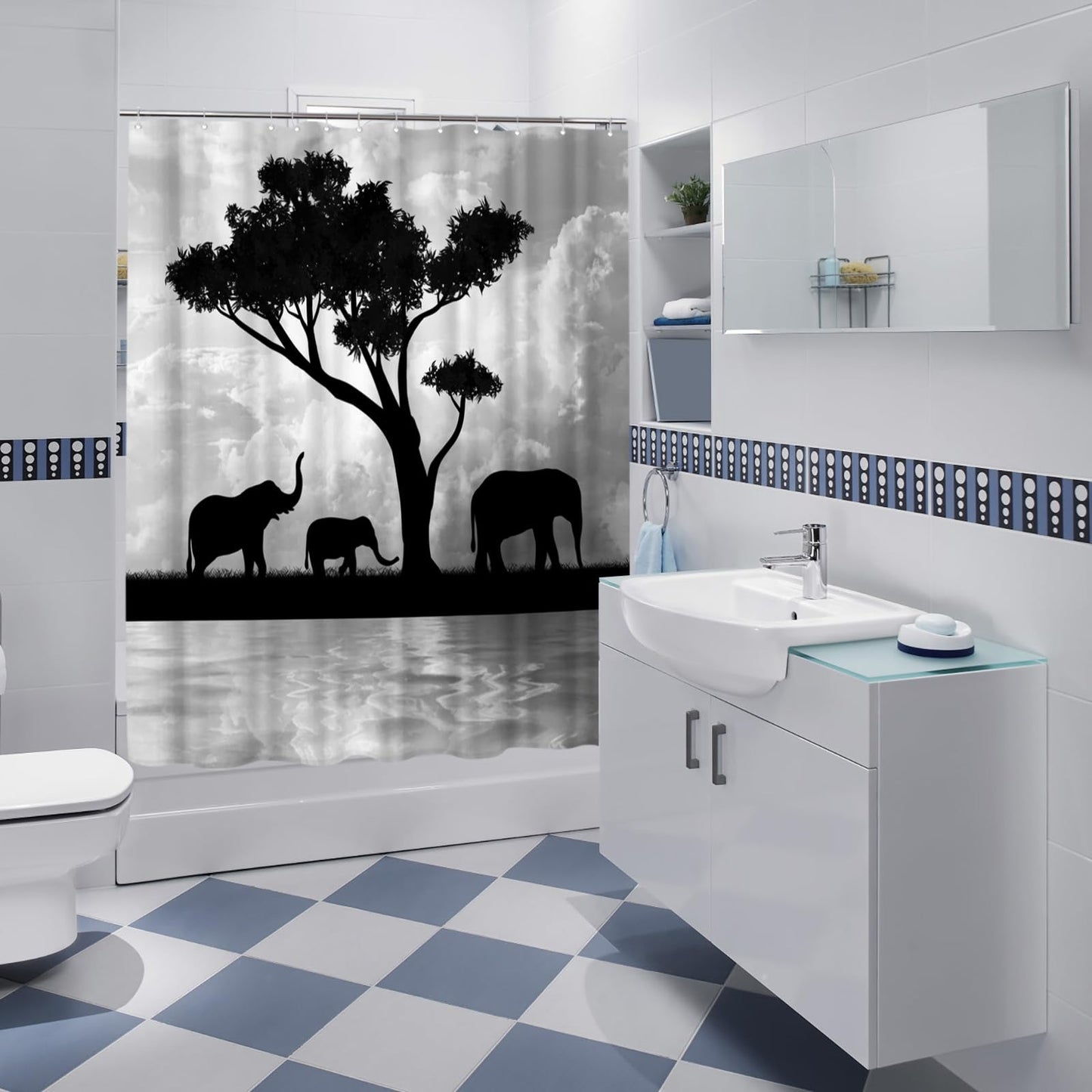 RyounoArt Elephant Shower Curtain Black and White Abstract African Elephant Family Bath Curtain Safari Bathroom Decor Fabric Cloth 72"x72"with 12 Hooks