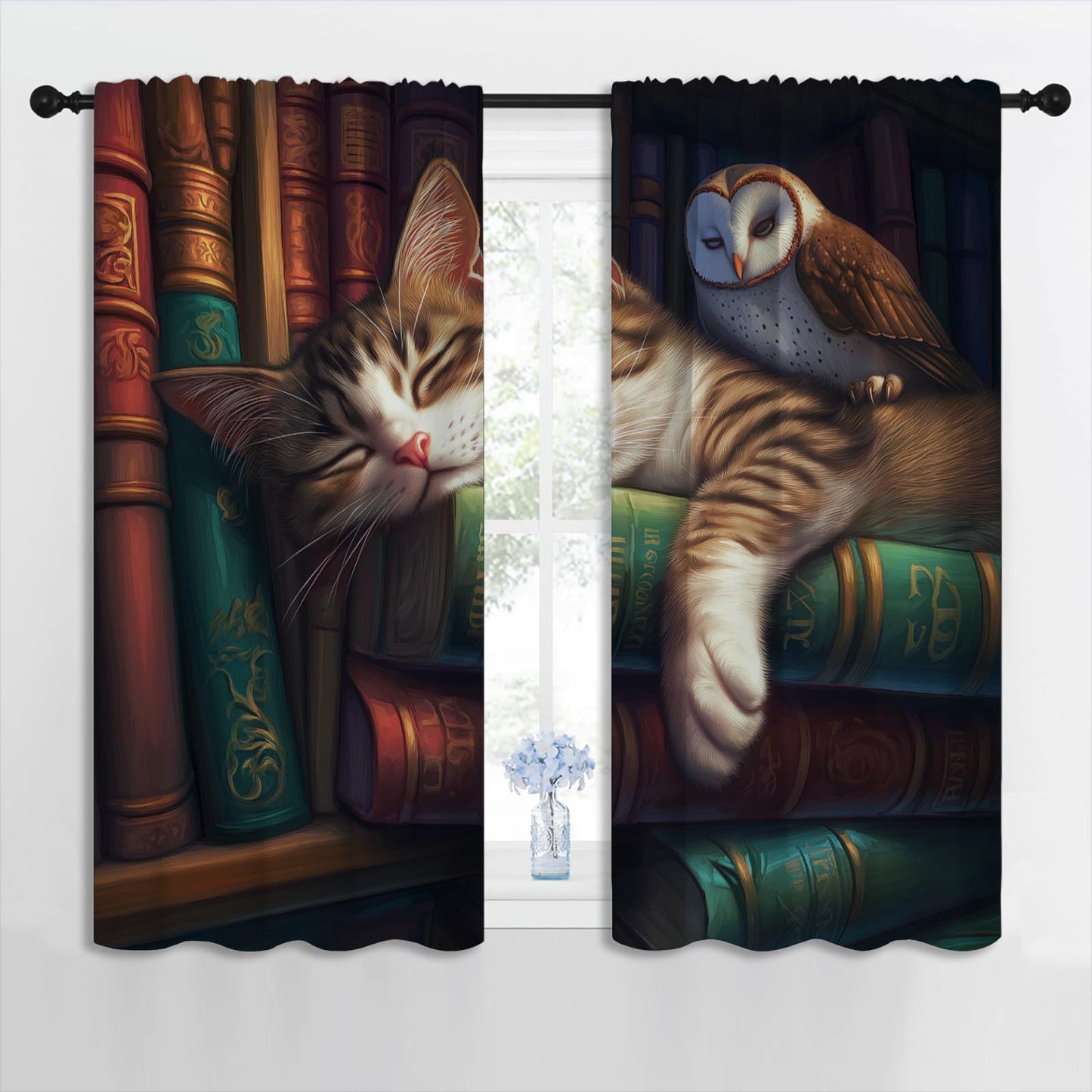 LHROOMJK Bookshelf Blackout Curtains for Boys Girl Bedroom Home Decor,Library Bookcase Book Cartoon Sleeping Cat and Owl Thermal Insulated Rod Pocket Darkening Living Room Window Drapes, 42 x 63 inch