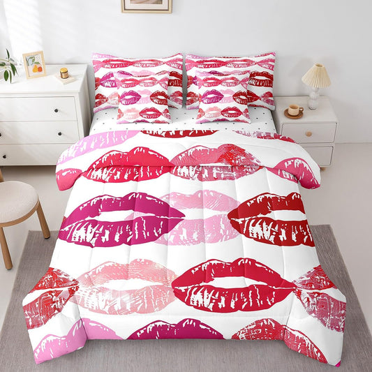 Erosebridal Red Pink Lip Comforter Set for Girls Teens Women 3D Mouth Print Bedding Sets 7 Piece Twin Fashion Lip Bed in A Bag Boys Modern Abstrict Art Quilt with Flat Fitted Sheet All Season