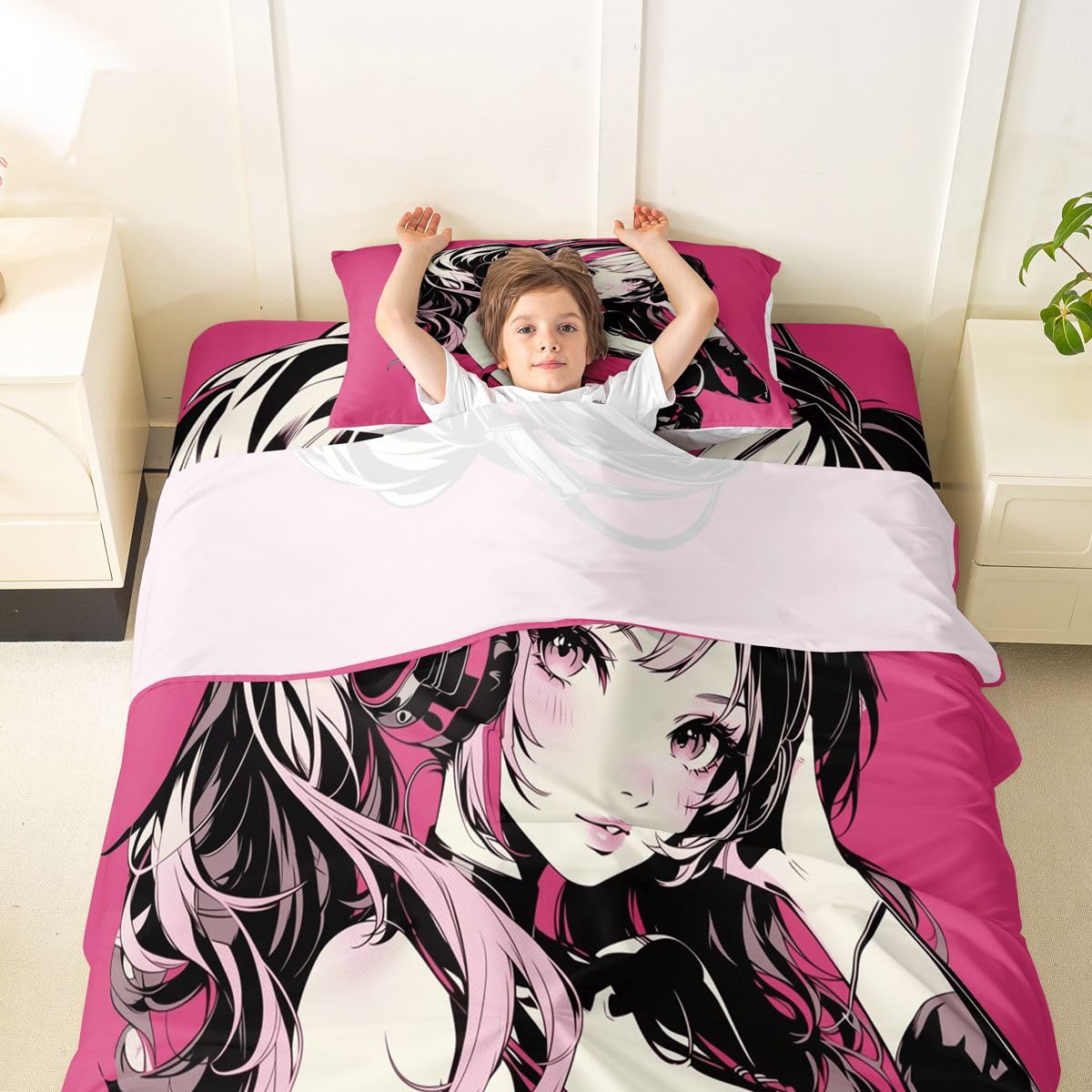 Erosebridal Pink Anime Girls Sheets Cartoon Japanes-Style Sheet Set Twin, Graffiti Street Culture Bed Sheets Set for Kids Teens Youth Watercolor Hippie Style Top Fitted Sheet 3Pcs